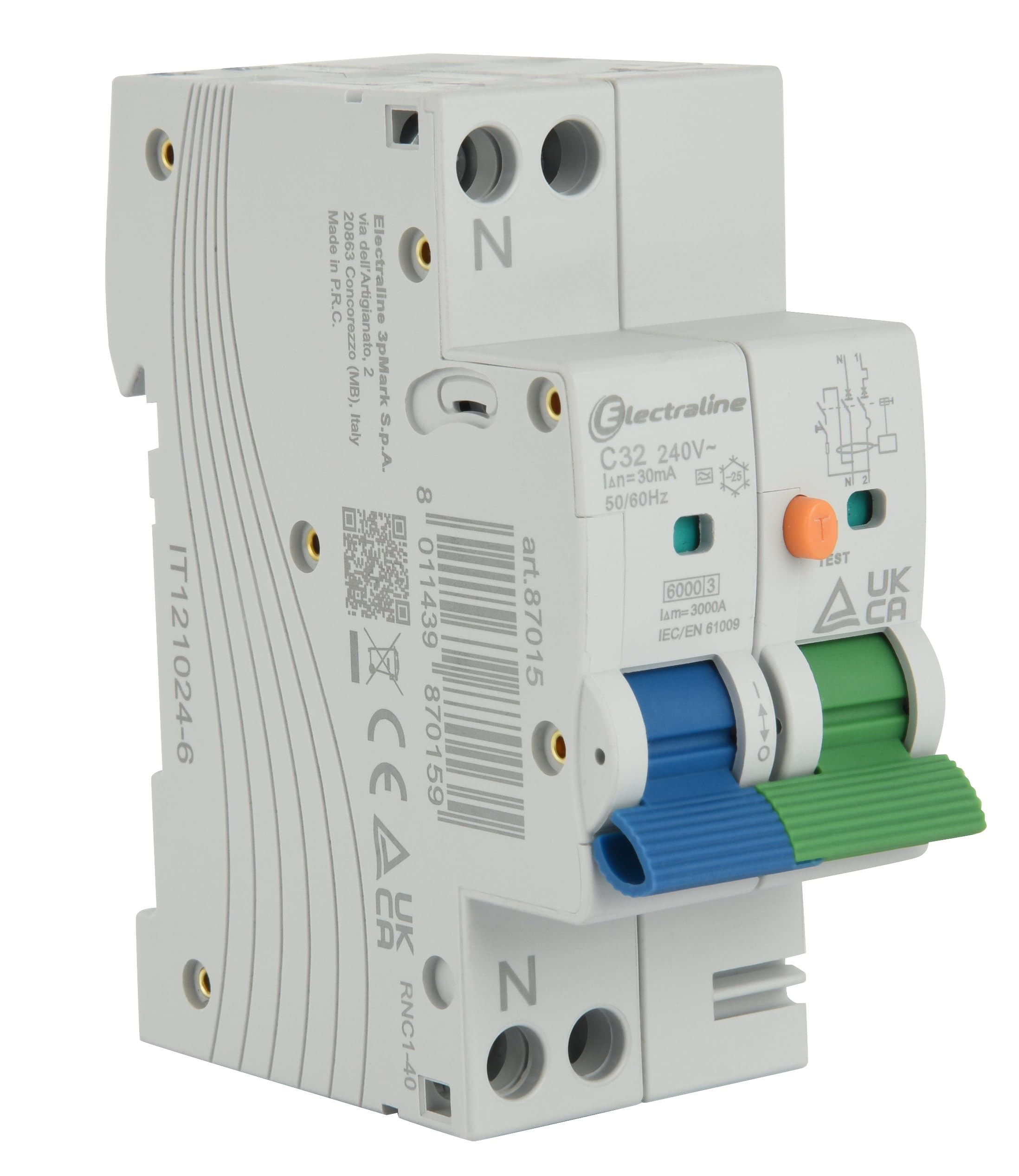 Electraline 87015 Disjoncteur différentiel (RCBO), 32A, type A, courbe C, sensibilité 30mA, connexion 1P+N
