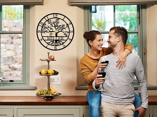 Miniatura 2 de Reloj de pared de metal personalizado con el árbol de la vida, decoración de pared con apellido personalizado, reloj silencioso, decoración del