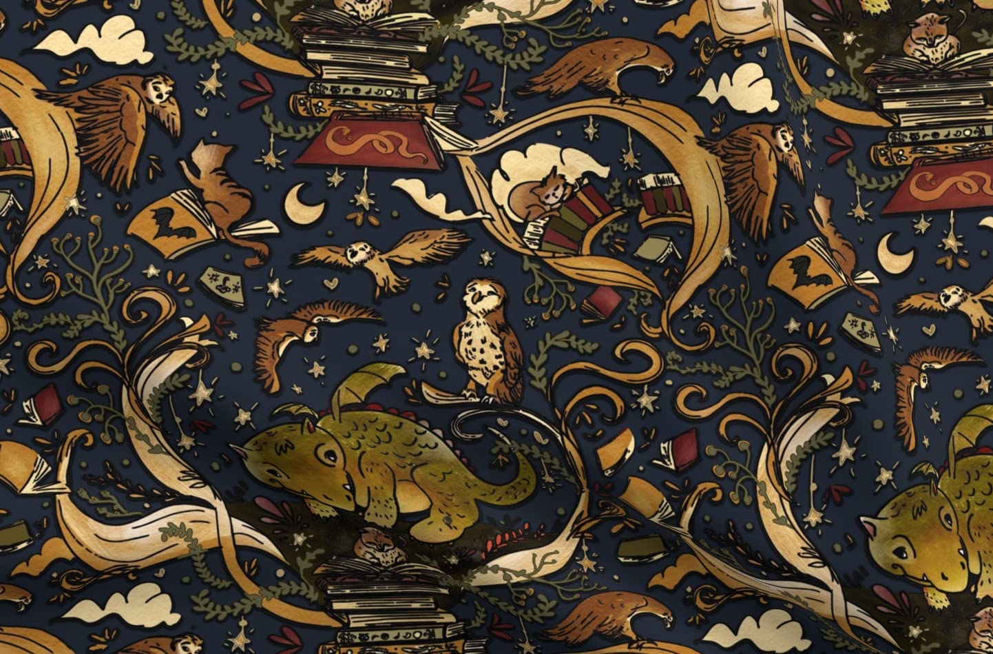 Spoonflower Fabric - Magical Creatures Dark Academia Aesthetic Cat Witchcraft Imagination Printed on Petal Signature Cotton Fabric Fat Quarter - Sewing Quilting Apparel Crafts Decor