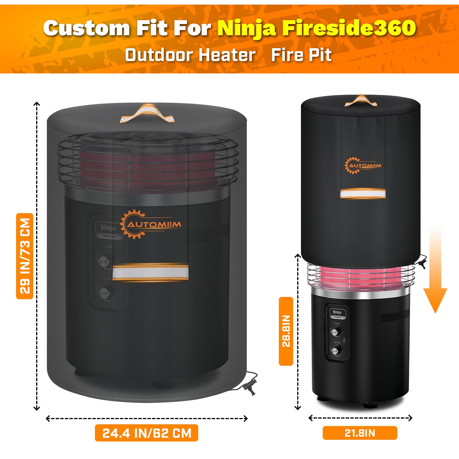 Fire Pit Cover for Ninja Fireside360 Outdoor Heater & Fire Pit, 600D Oxford Waterproof PVC & Nighttime Protection FirePit Cover Outdoor, Concealed Air Vent and Lift Handle -Fit 24" D x 29" H - 2