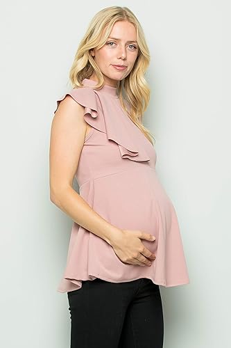 Miniatura 6 de My Bump Camiseta de maternidad con volantes laterales en cascada, cuello alto falso (fabricado en Estados Unidos)