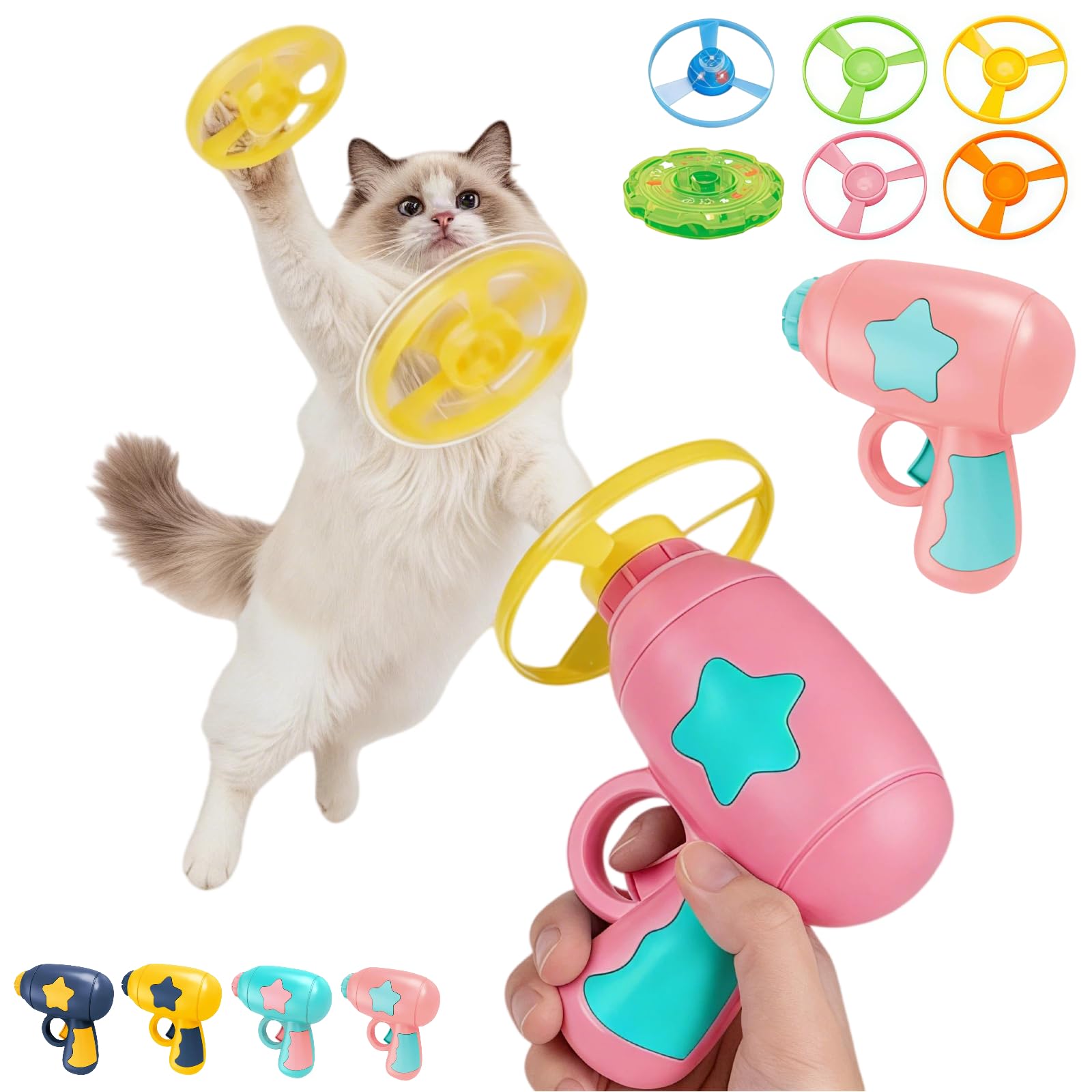 Cat Fetch Toy Launcher – Interactive Flying Disc Toy with Colorful Propellers, Bamboo Dragonfly Catapult, Indoor & Outdoor Chasing Game for Cats, Kitten Training & Play (Pink)