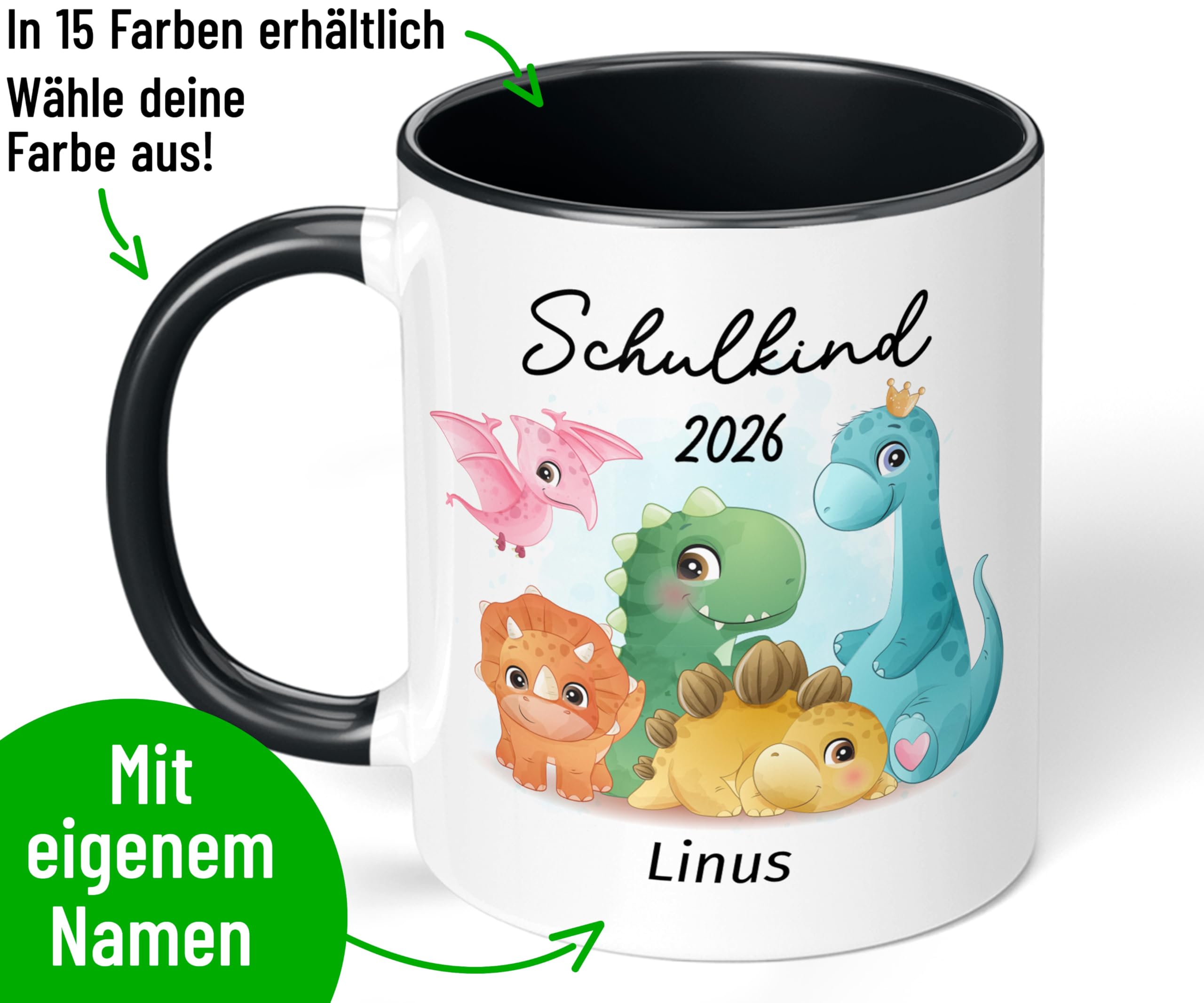 True Statements Geschenk zur Einschulung für Jungen: Keramik-Tasse „Schulkind 2026“ - Dinosaurier-Watercolor-Motiv - 330ml - personalisiert mit Namen Erstklässler Schüler 1. Klasse, Schwarz