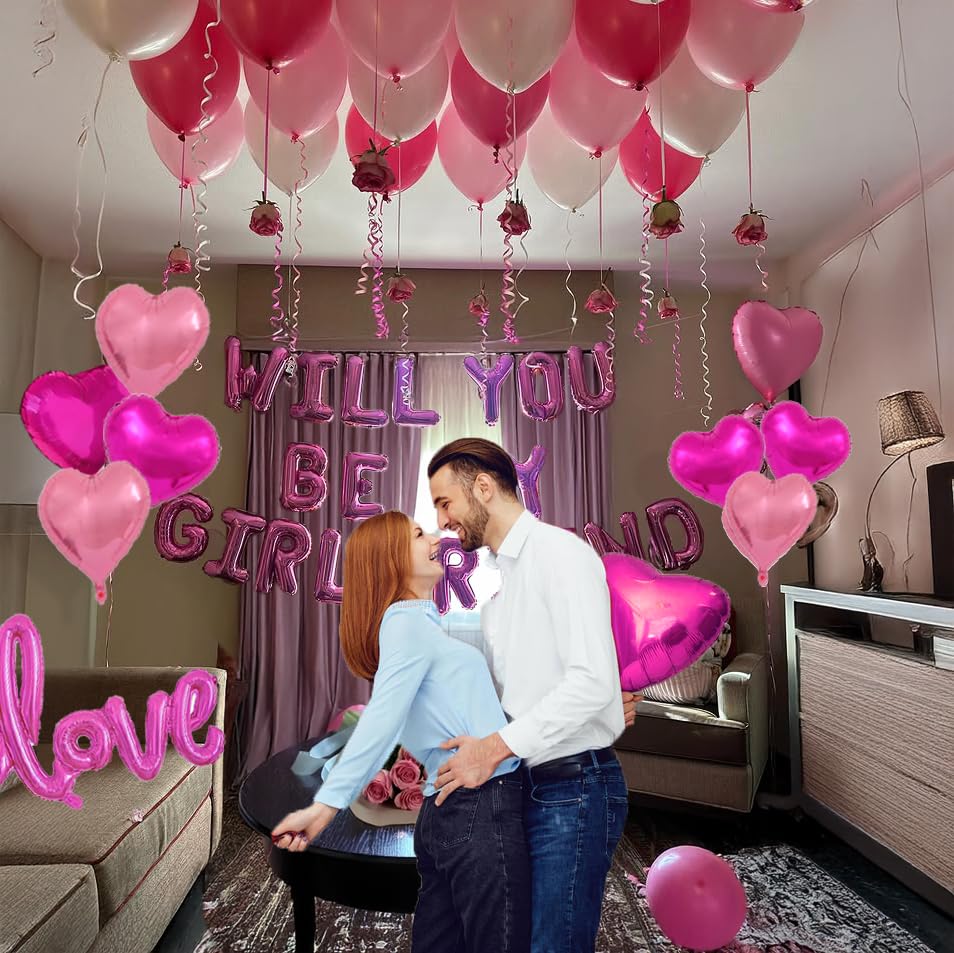 Image of Will You Be My Girlfriend Balloons 60pcs pink hot pink and white balloon kit Include 18 Inch Heart Shaped Balloons and 1000 Pink Artificial Rose Petals Romantic Decoration Kit for Valentines Party