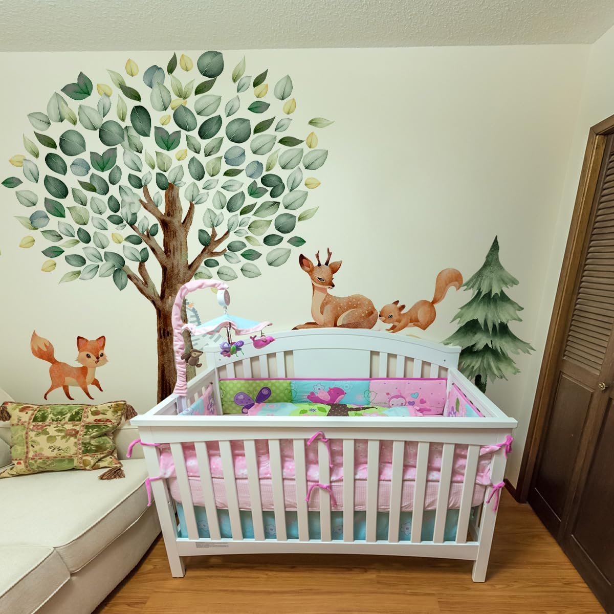 Large Jungle Animal Tree Wall Stickers- Watercolor Forest Fox Deer Squirrel Decals Peel & Stick Removable Art Decor for Baby Nursery Bedroom Living Room,132 cm x 151 cm