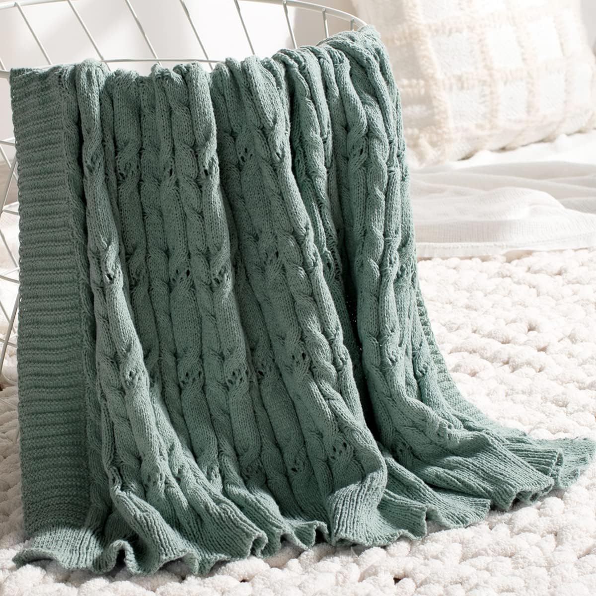 Carriediosa Cable Knit Throw Blanket Soft Textured Lightweight Farmhouse Decorative Throws Summer Knitted Woven Chenille Blankets for Couch Chair Bed Sofa, 60" X 80" Twin Size Sage Green - Image 4