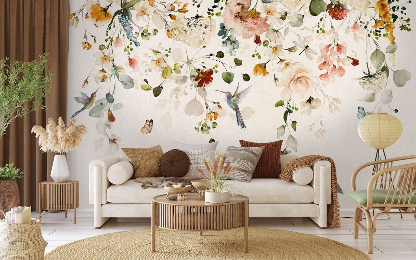 Papier Peint Panoramique 300X250（LXH） Oiseau Fleuri Aquarelle Papier Peint Intissé 3D Tapisserie Poster Decoration Murale Chambre Salon