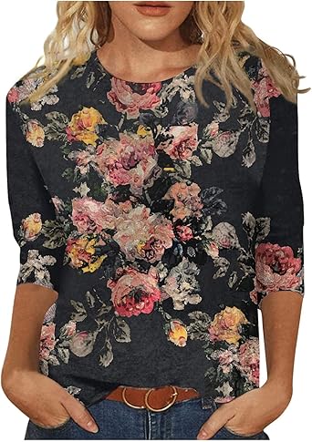 HTHLVMD Womens 3/4 Length Sleeve Tops 2025 Fall Fashion Floral Print Crewneck Causal Trendy Tunic Tops for Women