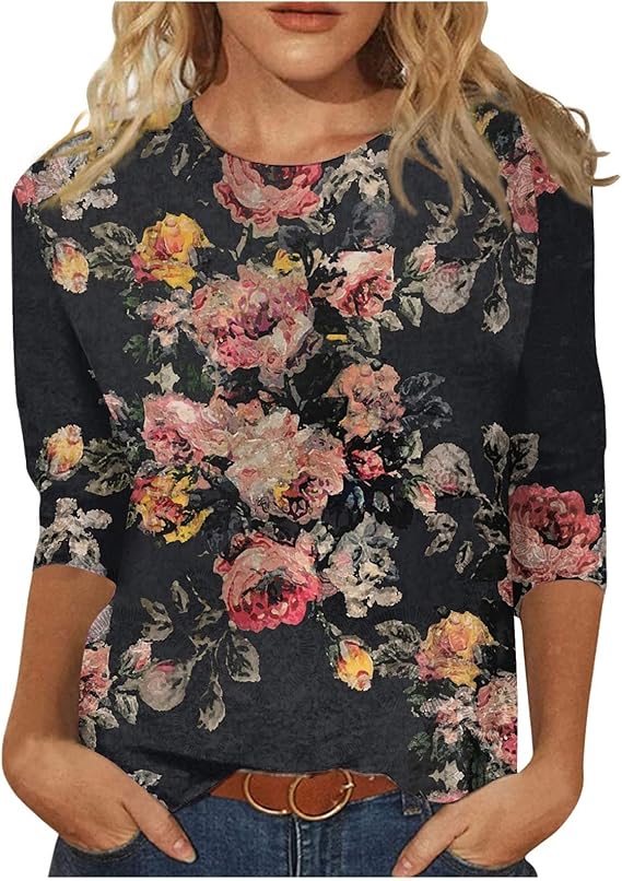 HTHLVMD Womens 3/4 Length Sleeve Tops 2025 Fall Fashion Floral Print Crewneck Causal Trendy Tunic Tops for Women