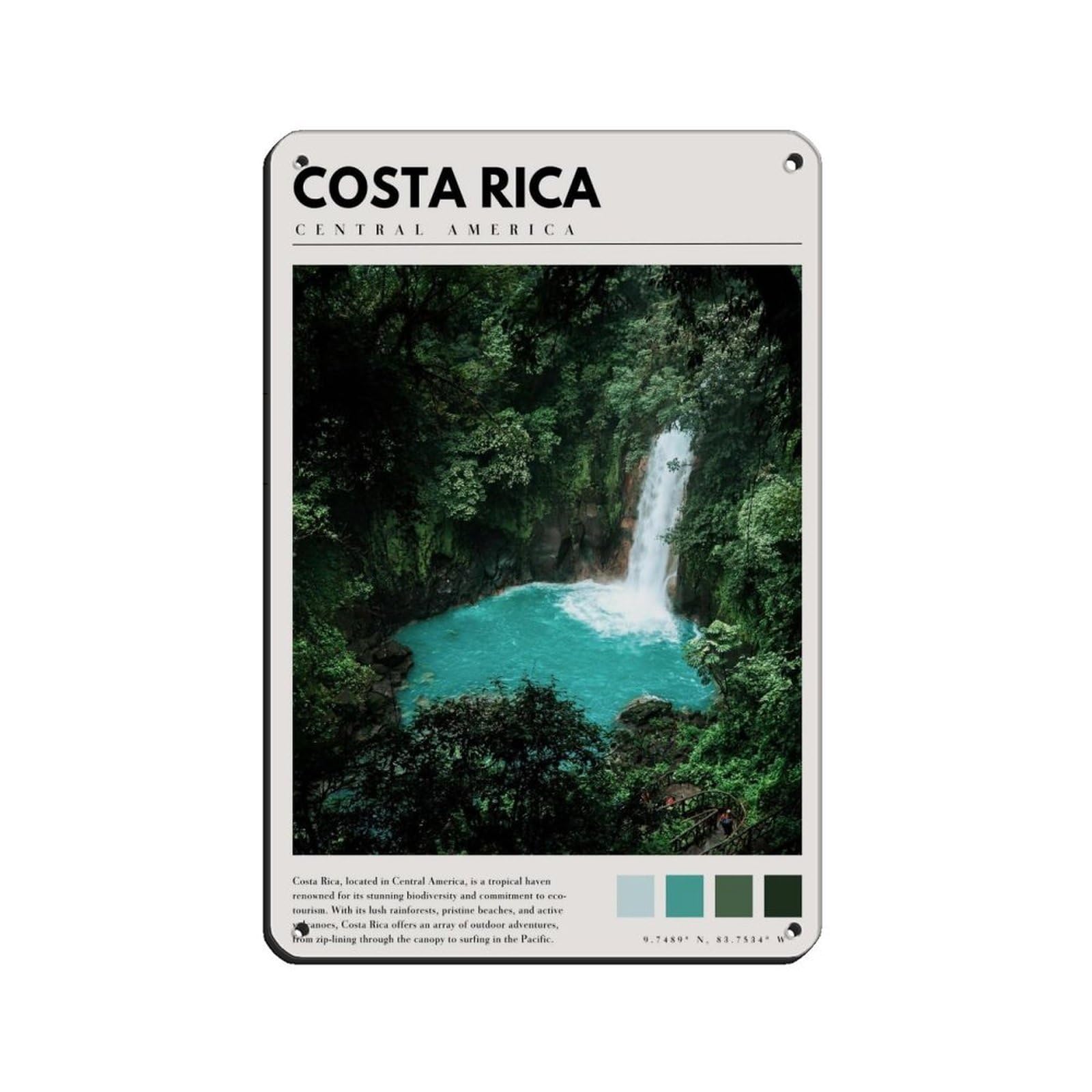 Costa Rica Central America Costa Rica Nature Poster Retro Poster Metal Tin Sign Chic Art Retro Iron Painting Bar People Cave Cafe Family Garage Poster Wall Decoration 8x12inch(20x30cm)