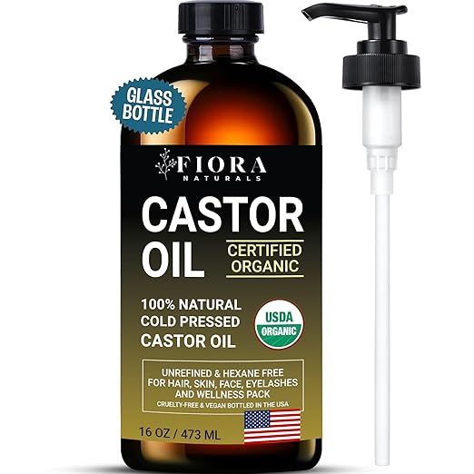Organic Castor Oil in Glass Bottle – 16 Oz Cold Pressed & Hexane-Free – USDA Certified – Hair Growth Oil For Lashes, Brows, Skin & Scalp – with Pump