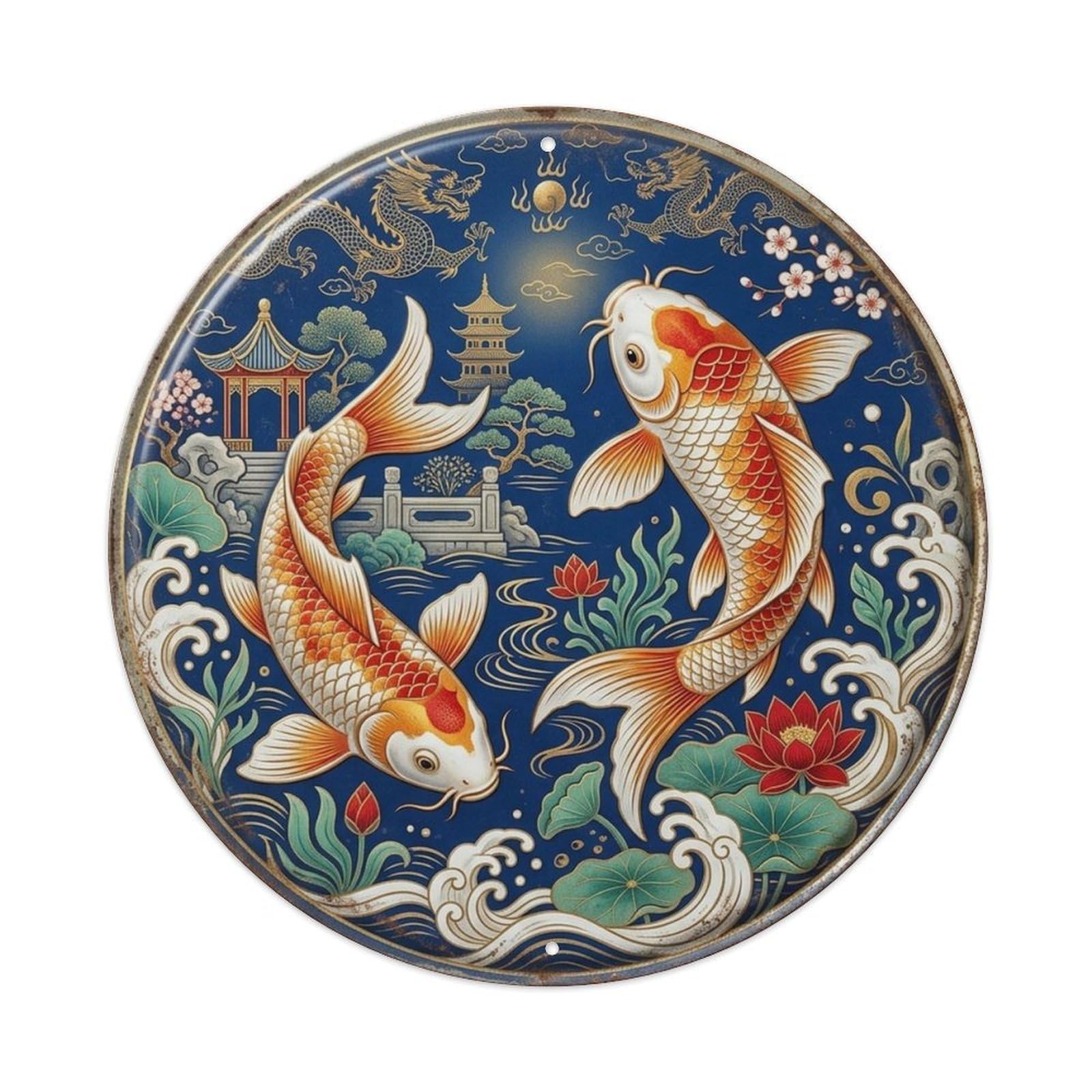 Oriental Koi Cobalt Dynasty Garden Feng Shui Nature Asian Metal Tin Sign Plaque Wall Decor for Cafe, Man Cave, Club Bar, Office, Home Garden Round Metal Poster 8x8Inch