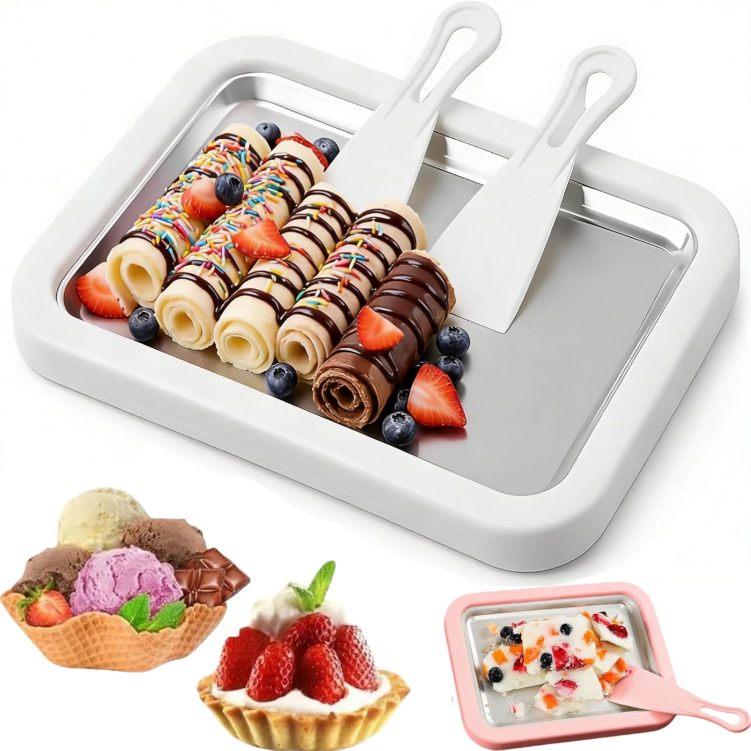 Rolled Ice Cream Maker, At-Home Rolled Ice Cream Maker Kit, Easily Make Your Own Ice Cream Rolls with 2 Spatulas Smoothies, Frozen Yogurt, Fruit Sorbets, and Gelato at Home (White)