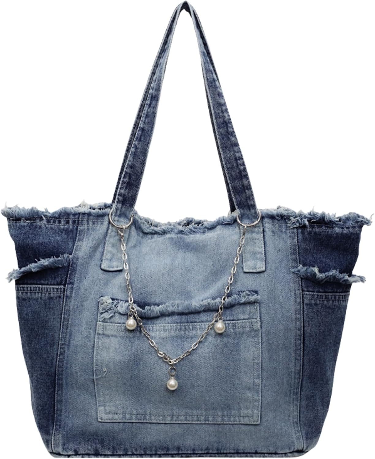 Women's Distressed Denim Tote Bag - Light Blue Jean Handbag with Zipper for Everyday Use, Large Canvas Shoulder Bag Handbag