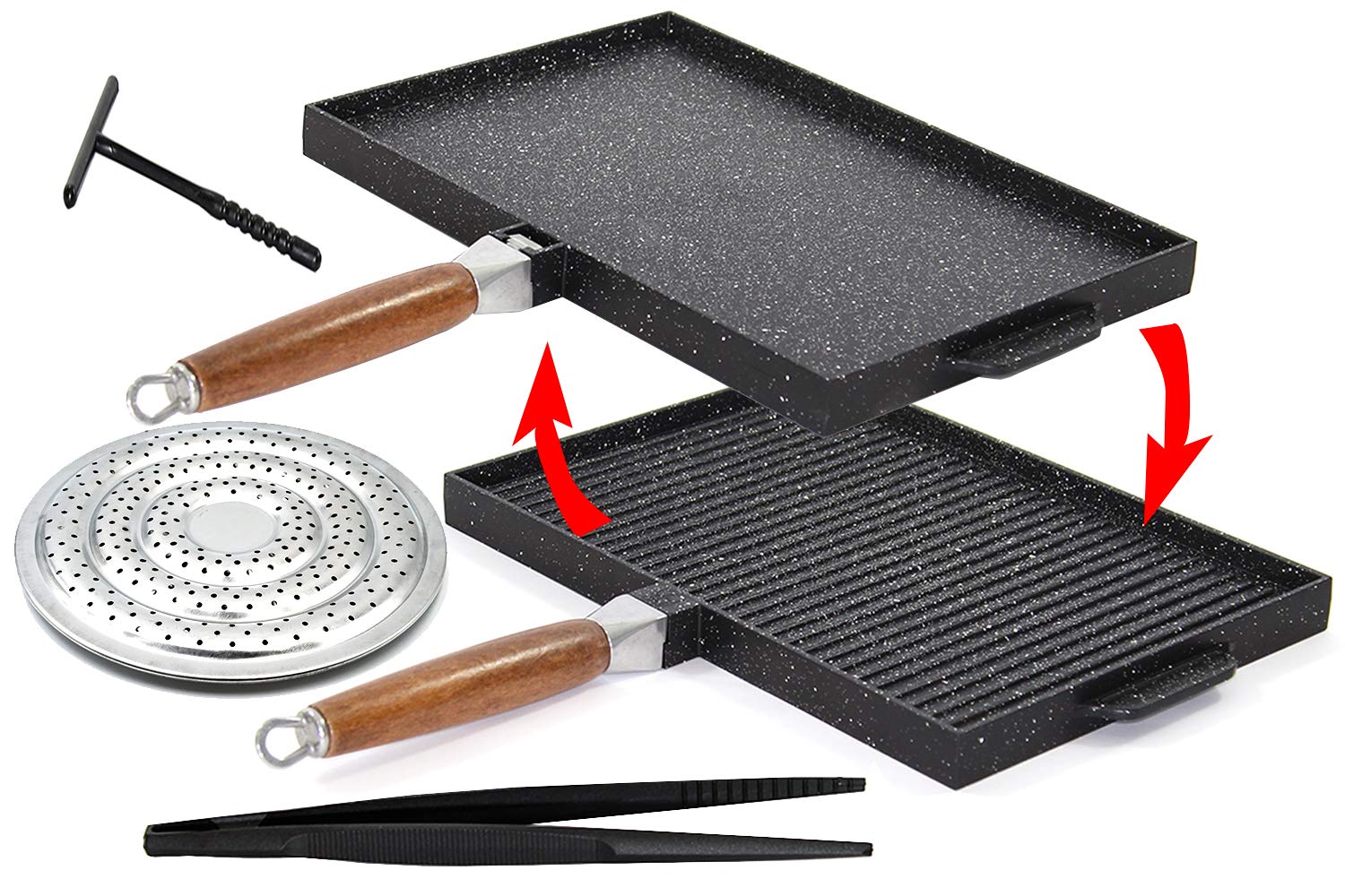 Padella Sirio RETTANGOLARE, Bistecchiera Piastra, Doppia cottura, Lato Grill e Liscio, Antiaderente in Pietra Laviga + Spargifiamma e accessori, Manico smontabile 37x25 cm.