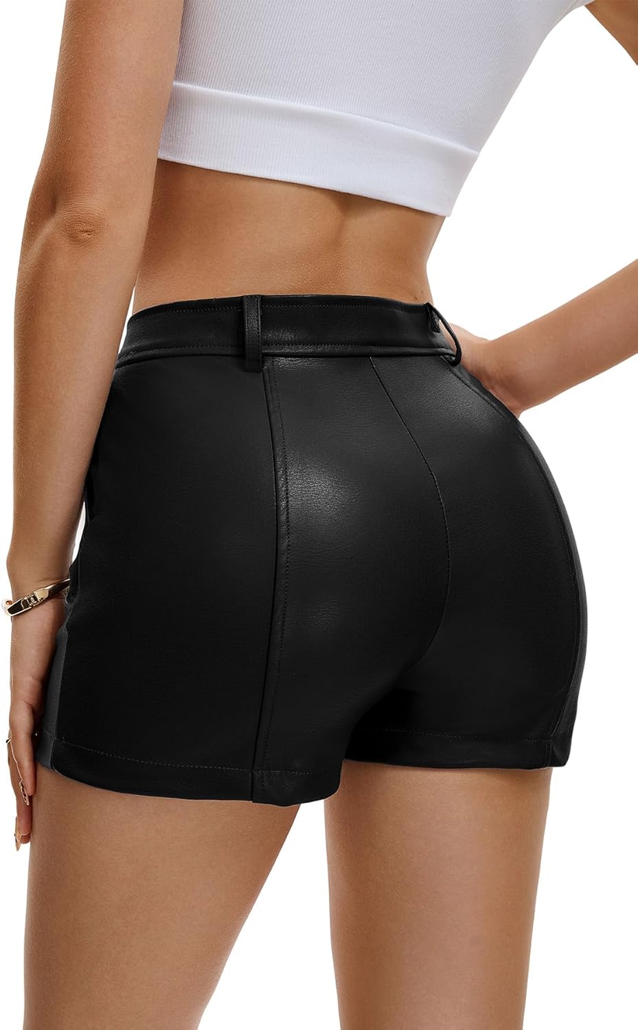 Women's Faux Leather Shorts High Waisted Zip Front Bodycon Slim Shorts with Pockets
