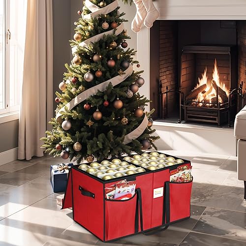 Miniatura 16 de BALEINE Caja de almacenamiento de adornos navideños con divisores, contenedor de almacenamiento de adornos navideños de alta calidad para Rojo