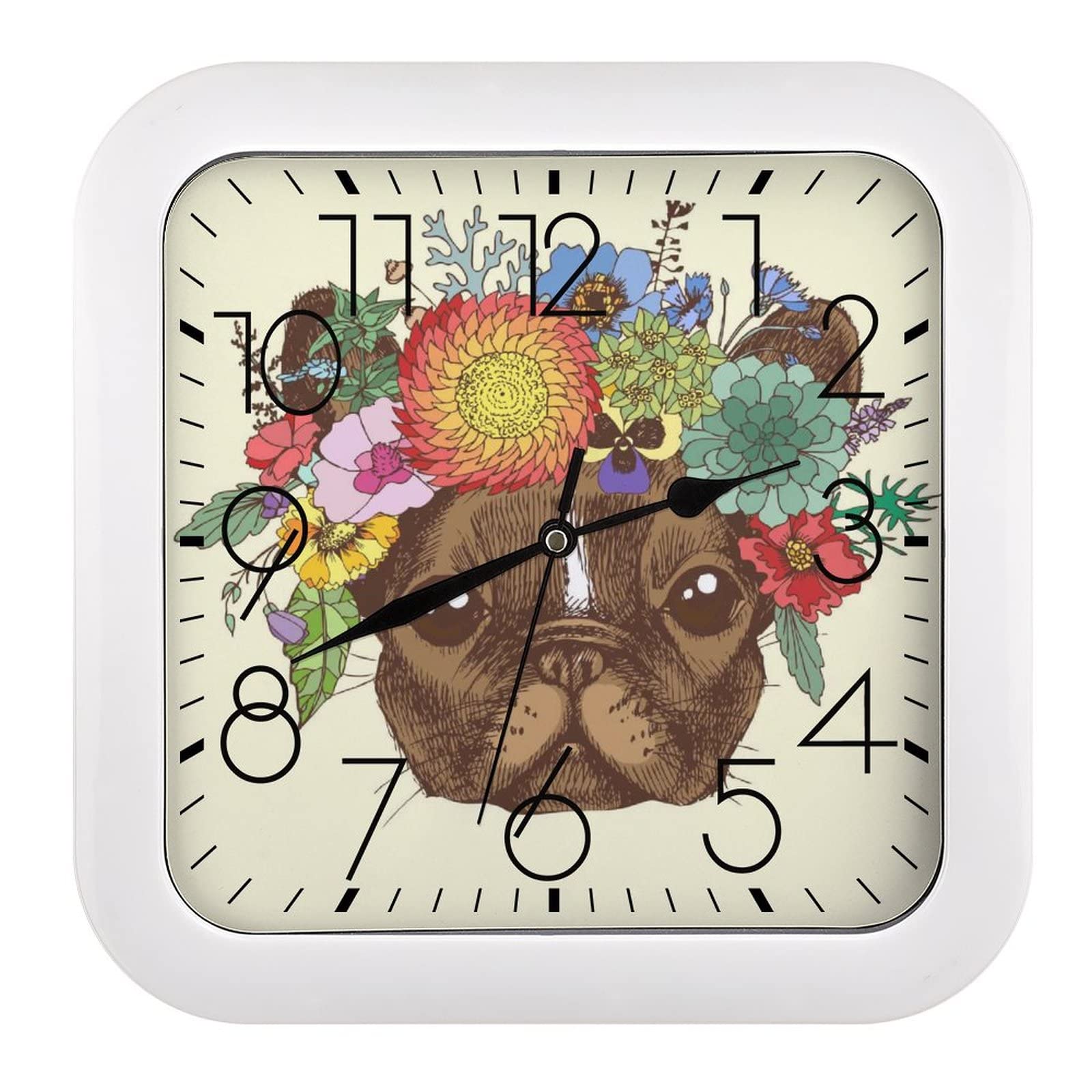 Horloge murale chiens et fleurs pour décoration de salon et cuisine