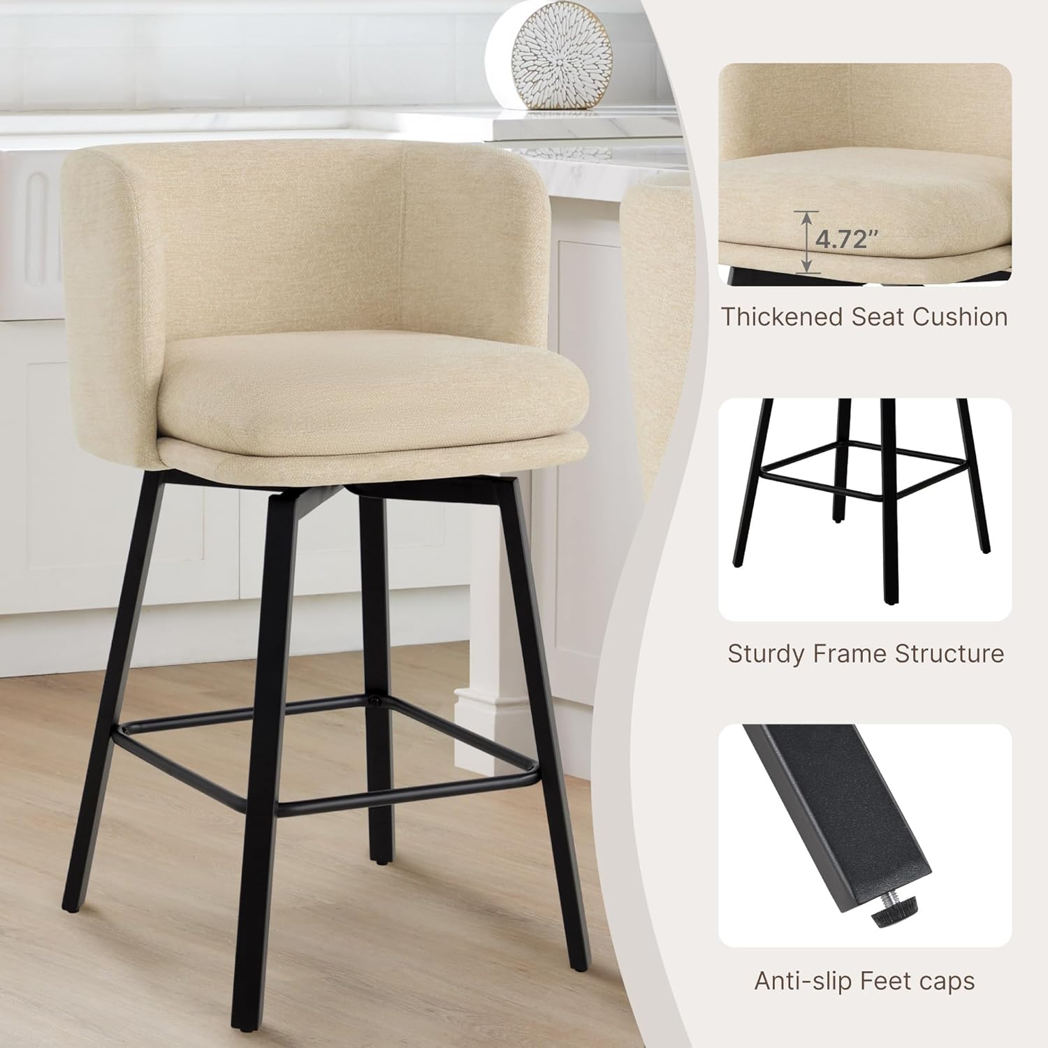 26" H Counter Height Swivel Bar Stools Set of 4, Barrel Counter Stools with Backrest, Linen Fabric Upholstered Barstools with Metal Legs for Kitchen Island,Sand