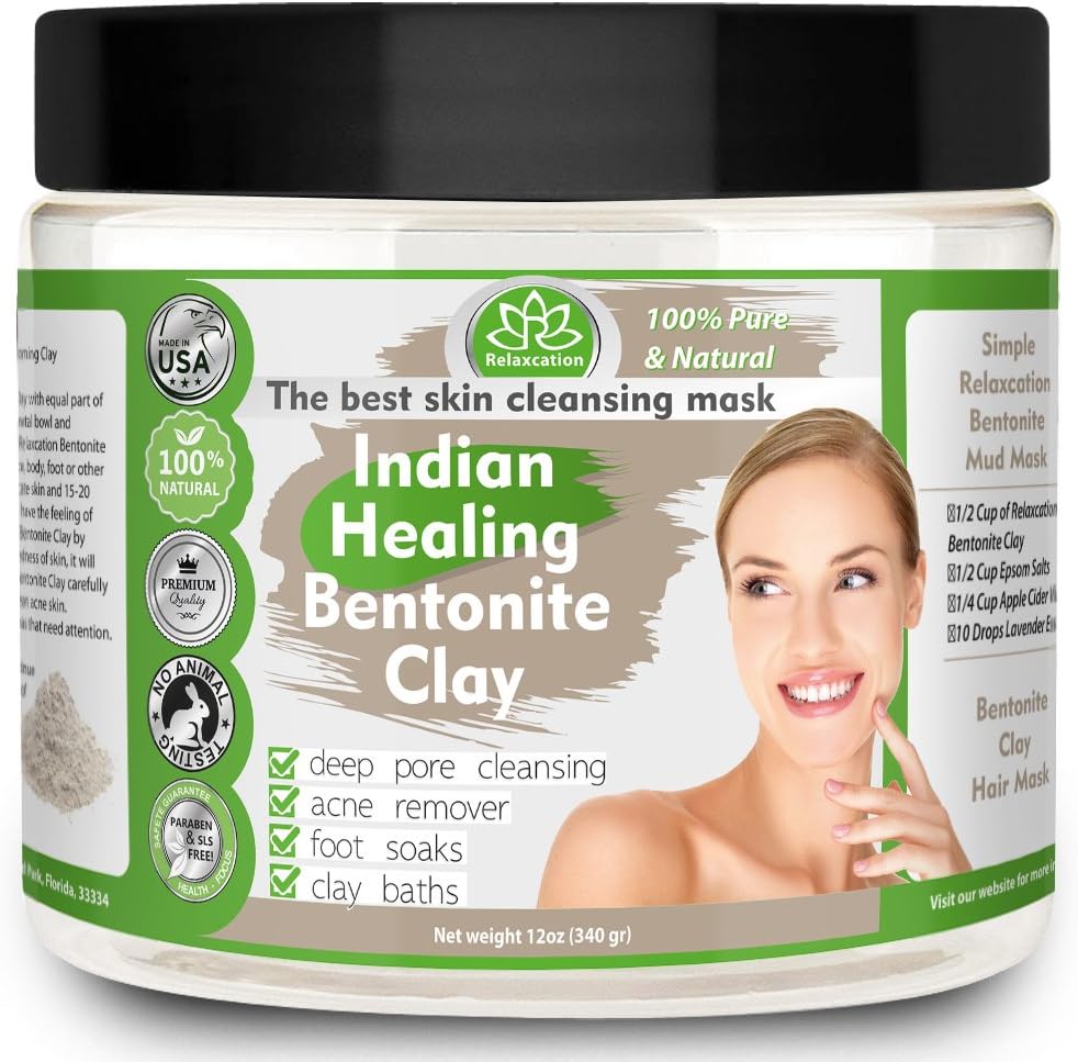 RelaxcationIndian Healing Clay, Pure & Natural Bentonite Clay, Deep Pore Cleansing Mask, Face Skin Care, Detoxifying Wyoming Organic Clay/Acne Remover & Rejuvenating Skin – Made in USA