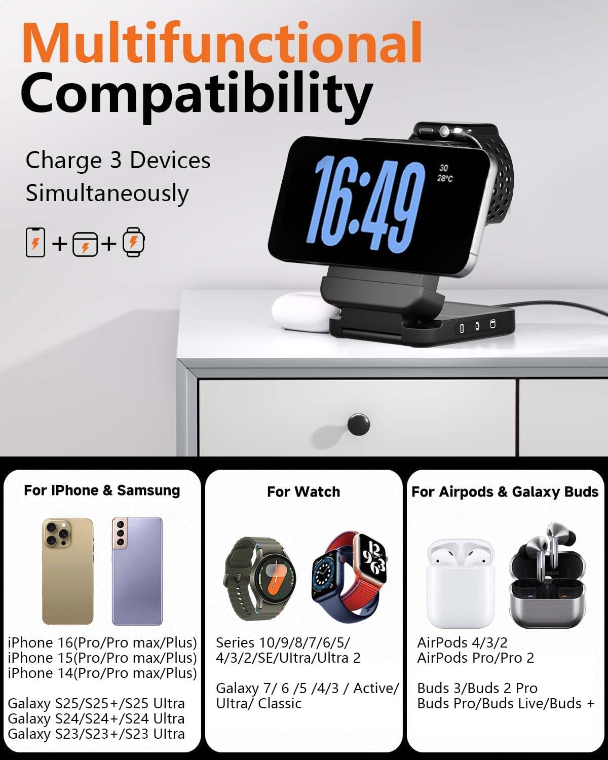 3 in 1 Foldable Wireless Charger, 15W Qi2 Magnetic Charger Stand for iPhone & Samsung, Apple Watch & Galaxy Watch, AirPods & Galaxy Buds, Travel-Friendly, 25W PD Adapter Included