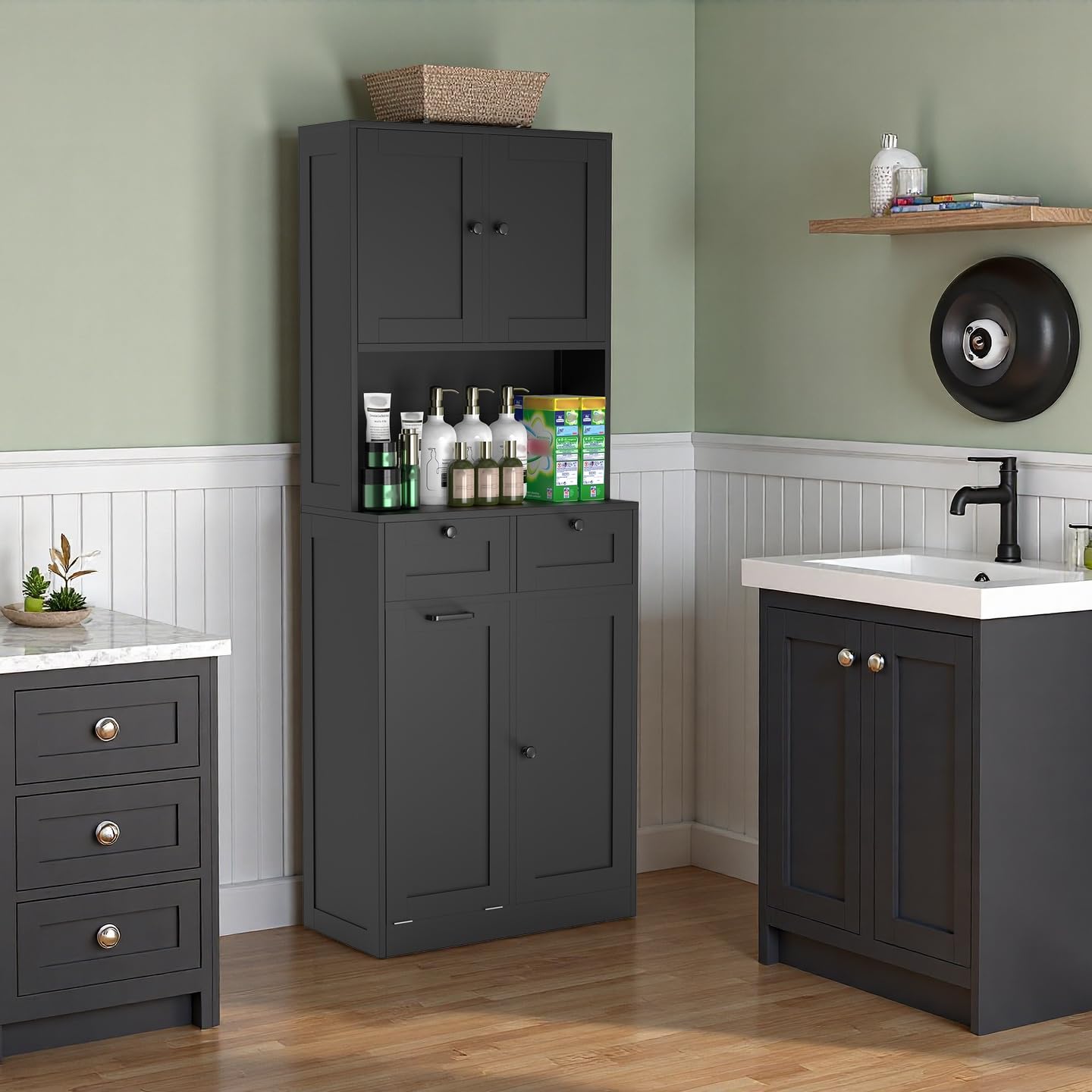 Feonase Double-Tier Wooden Bathroom Cabinet with Dual Side Doors (4 Shelves), Central Open Shelf, 2 Drawers & Removable Laundry Hamper – Spacious Vertical Storage Solution, Black