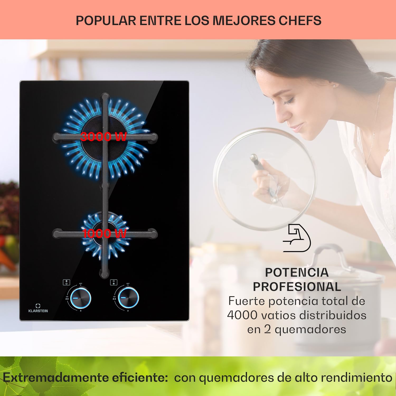 Klarstein Encimera Cocina de Gas, 2 Quemadores, Placa de Gas 4000W para Cocina, Cocinas de con Quemador Wok de Acero Inoxidable, Encimera 2 Fuegos con Quemadores de para Casa