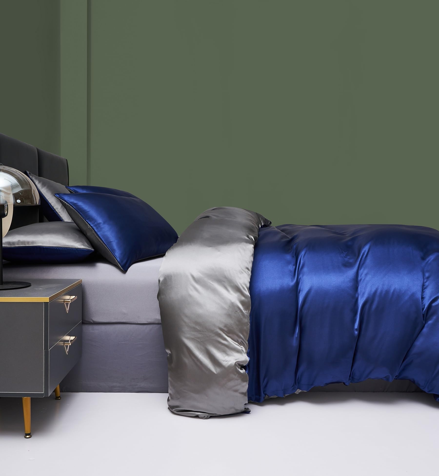 Parure de lit en satin 200x220 Bleu foncé gris Wendebettwäsche Deluxe soie satin lisse brillant doux satin 3 pièces avec fermeture éclair et 2 taies d'oreiller 80x80 cm