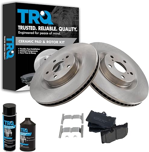 TRQ Kit de pastillas de freno y rotor de cerámica delantera compatible con Lexus GS300 GS350 IS300 RC350 con fluidos