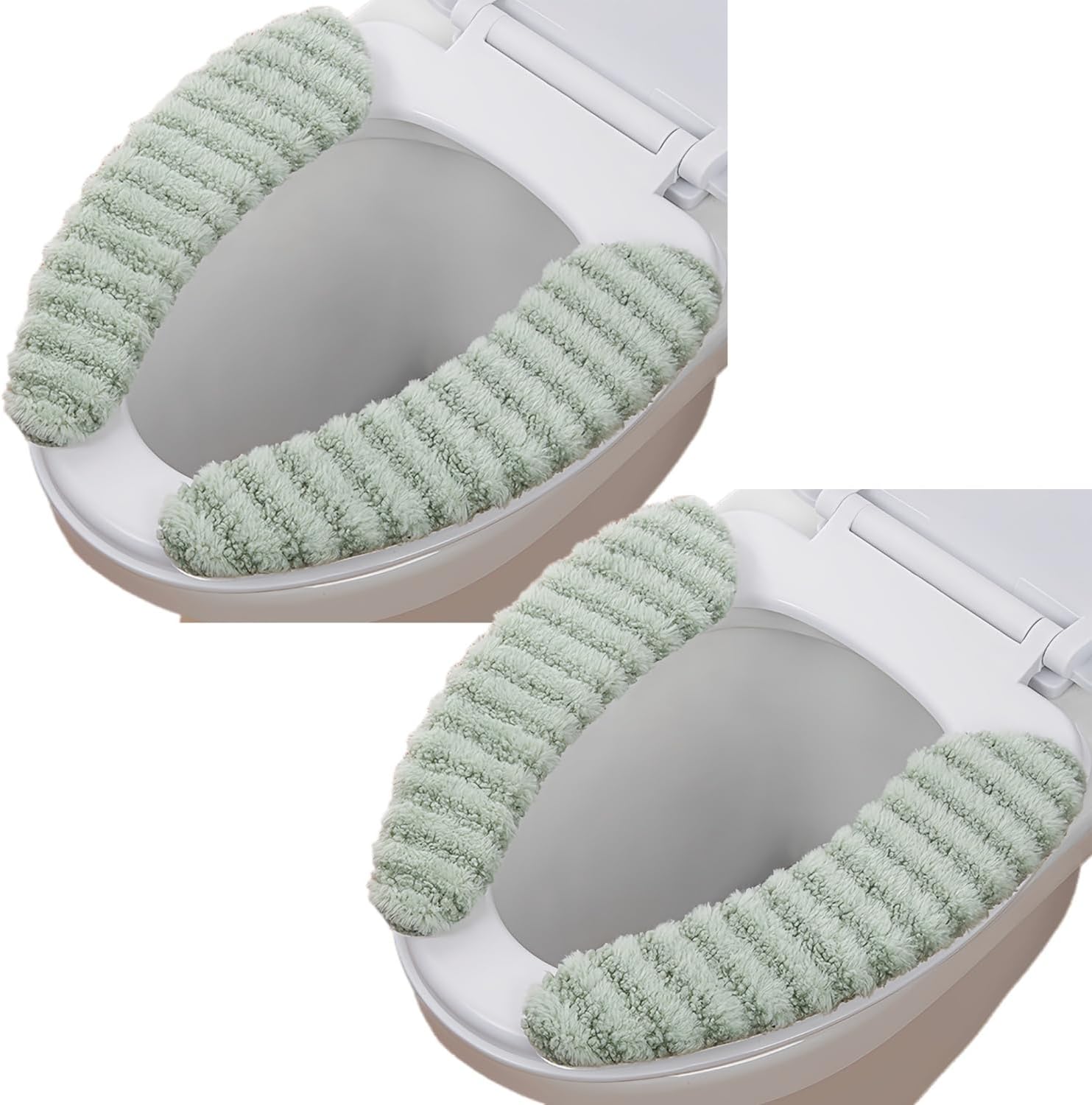 2Pairs Plush Warm Thick Padded Toilet Seat Cover Mat Non Slip Soft Toilet Seat Cushion Washable Bathroom Warmer with Self-Adhesive Tape