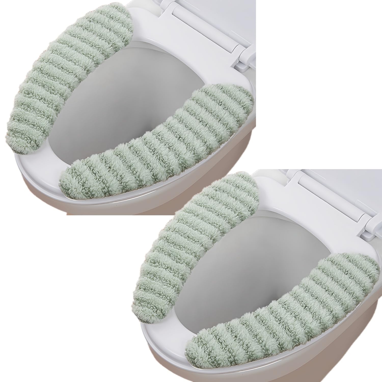 2Pairs Plush Warm Thick Padded Toilet Seat Cover Mat Non Slip Soft Toilet Seat Cushion Washable Bathroom Warmer with Self-Adhesive Tape