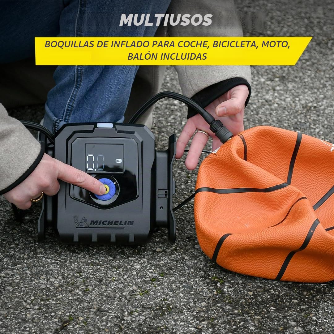 MICHELIN 009542 Compresor de Aire Eléctrico Profesional – Inflador de Neumáticos para Coche – Presión Programable 8 Bar 168W – 12V Encendedor – Infla un Neumático en 1min10 – 3 Boquillas