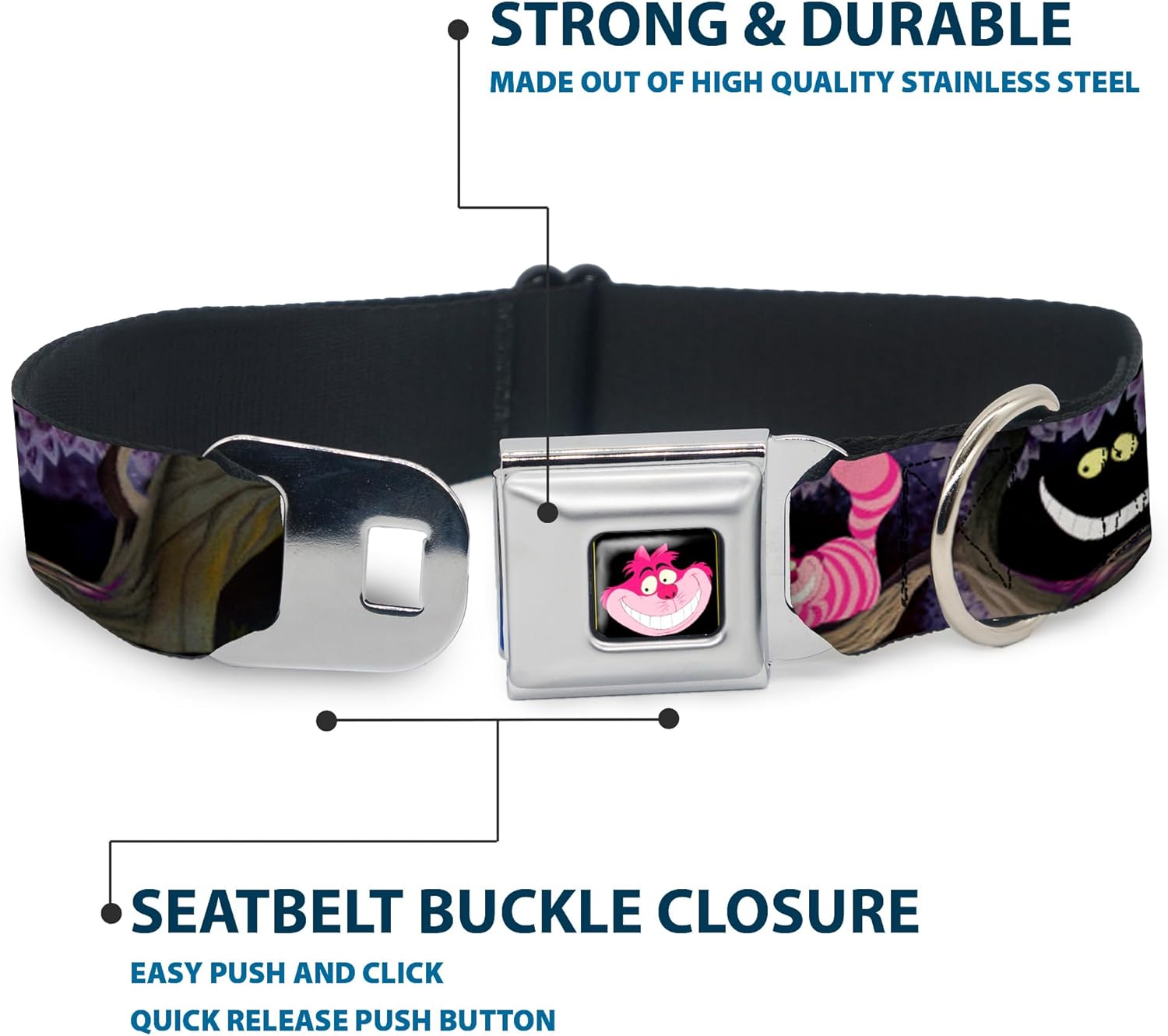 Disney Pet Collar, Dog Collar Metal Seatbelt Buckle, Alice The Cheshire Cat Scenes, 11 to 16.5 Inches 1.0 Inch Wide
