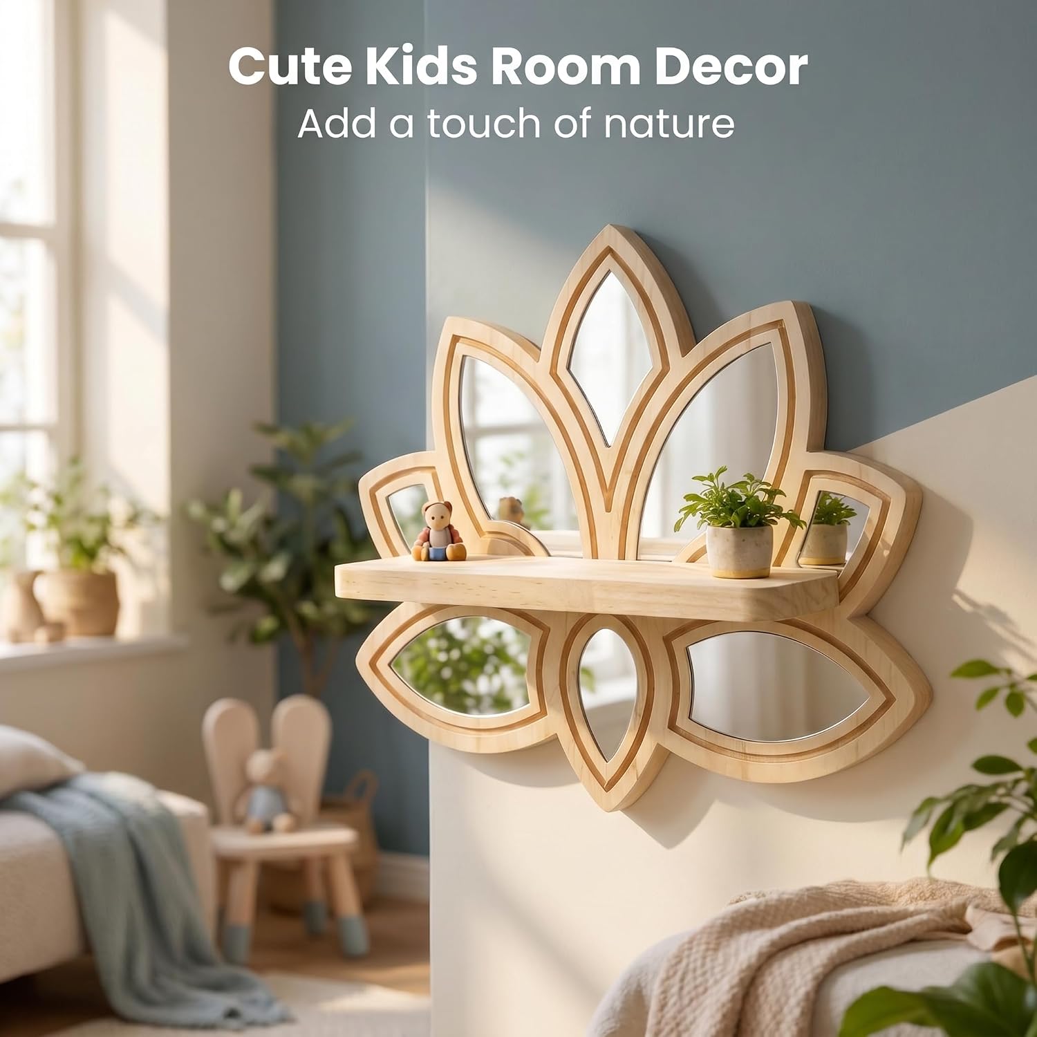 Lotus Design Wooden Floating Shelf, Boho Wall Decor Plant Display Shelf | 13.2x11.4" Natural Wood Display Shelf for Bedroom - Unique Mirror Wall Display Rack for Plants, Photos & Figurines