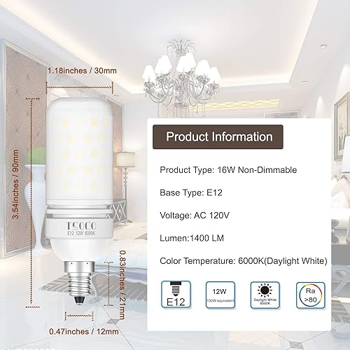 Vista 21 de TSOCO - Bombillas LED E12, bombillas LED de 12 W, equivalente a 100 W, luz blanca cálida de 3000 K, 1200 lúmenes, no regulables, paquete de 3