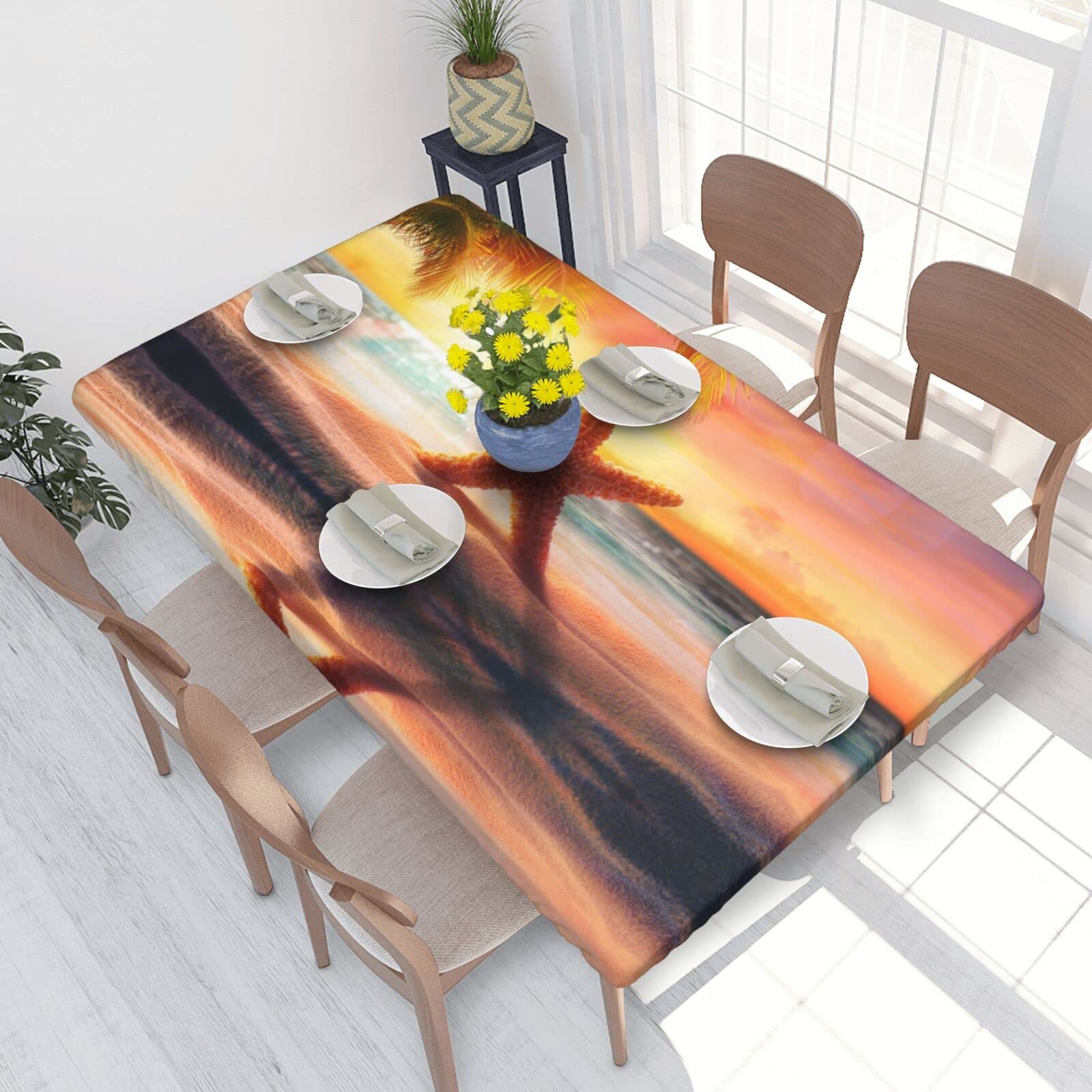 ASEELO 4FT Table Cloth Sunset Afterglow Yellow Starfish Print Decorative Table cover Wipe Clean Tablecloth for Dining Tea Table and Indoor Outdoor