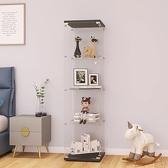 LFT HUIMEI2Y Glass Display Cabinet 4-Shelf with Door and Lock, Curio Cabinets Upgraded Quick-Install Style Tempered Glass Floor Standing Bookshelf for Bedroom, Living Room 65”x 17”x 14” Black