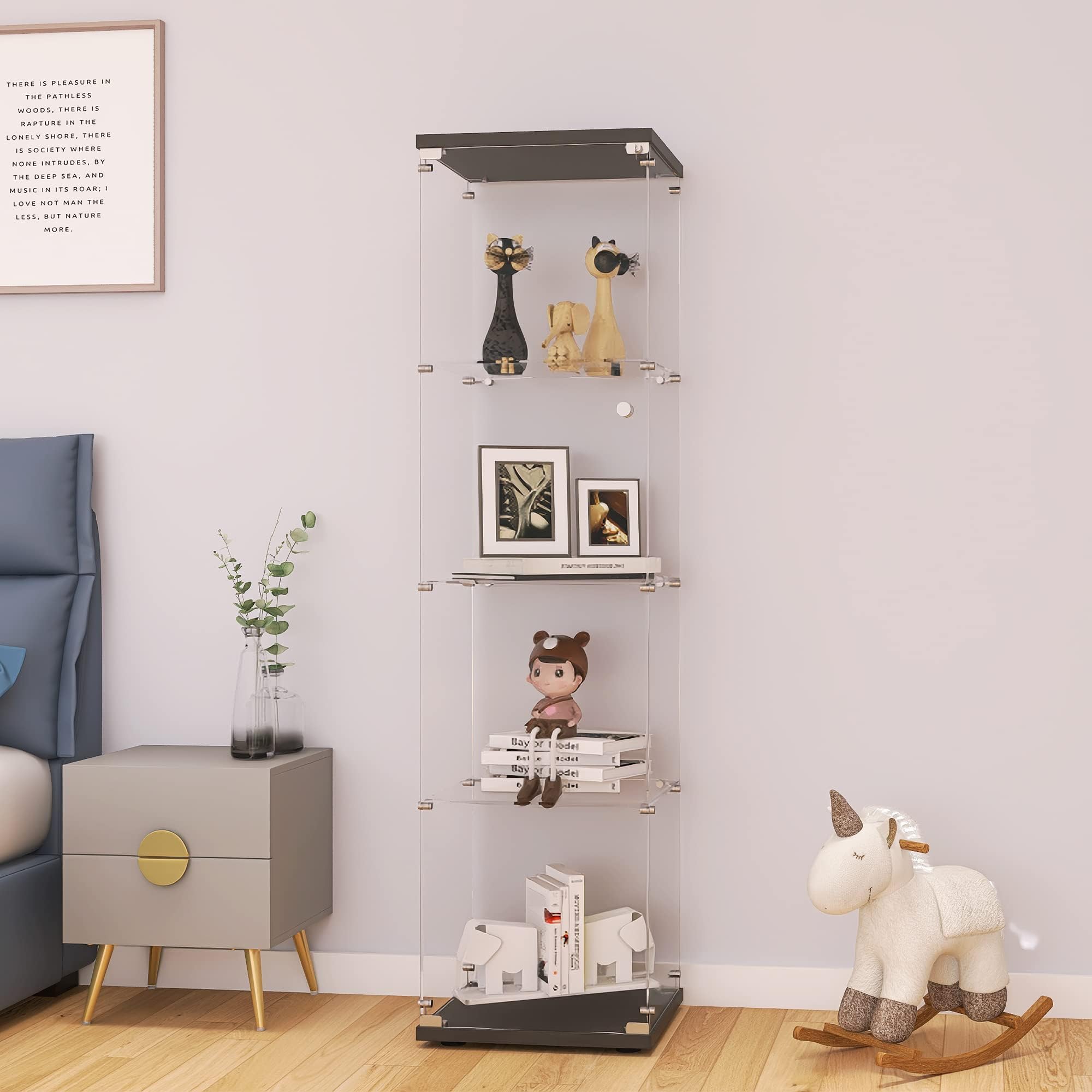 LFT HUIMEI2Y Glass Display Cabinet with Door & Lock, 4-Tier Curio Cabinet for Collectibles, Figures, Wine, Tempered Glass Display Case for Living Room Bedroom Office, 65”x 17”x 14” Black