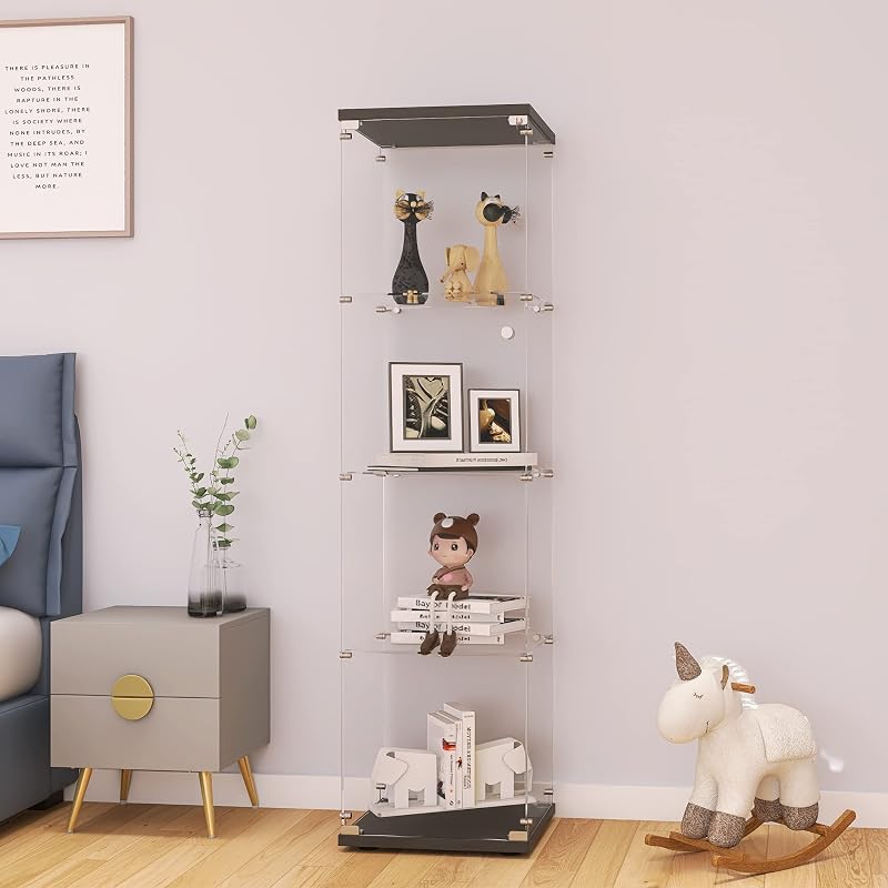 4-Tier Glass Display Cabinet with Lock, Display Case Black | Single-Door Tempered Glass Showcase for Collectibles, Figures, and Decor; Curio Cabinet for Living Room, Bedroom, Office