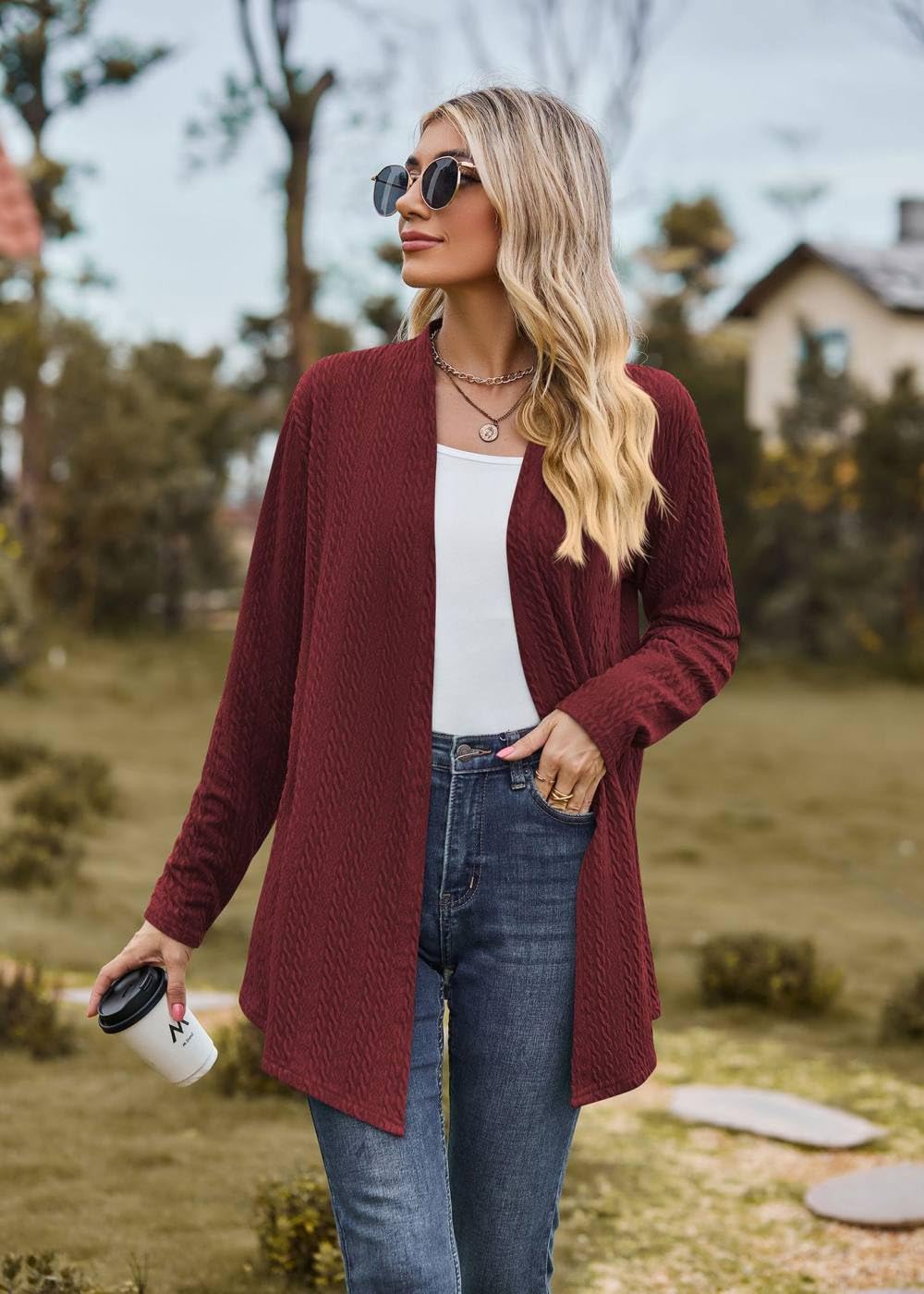 FWSHANGMAO Cardigan Lungo da Donna,Cardigan Casual Elasticizzato Cardigan  Classico A Trecce Bordeaux Rosso Giacca Kimono Cardigan Aperto Dettaglio  Cardigan,L : Amazon.it: Moda