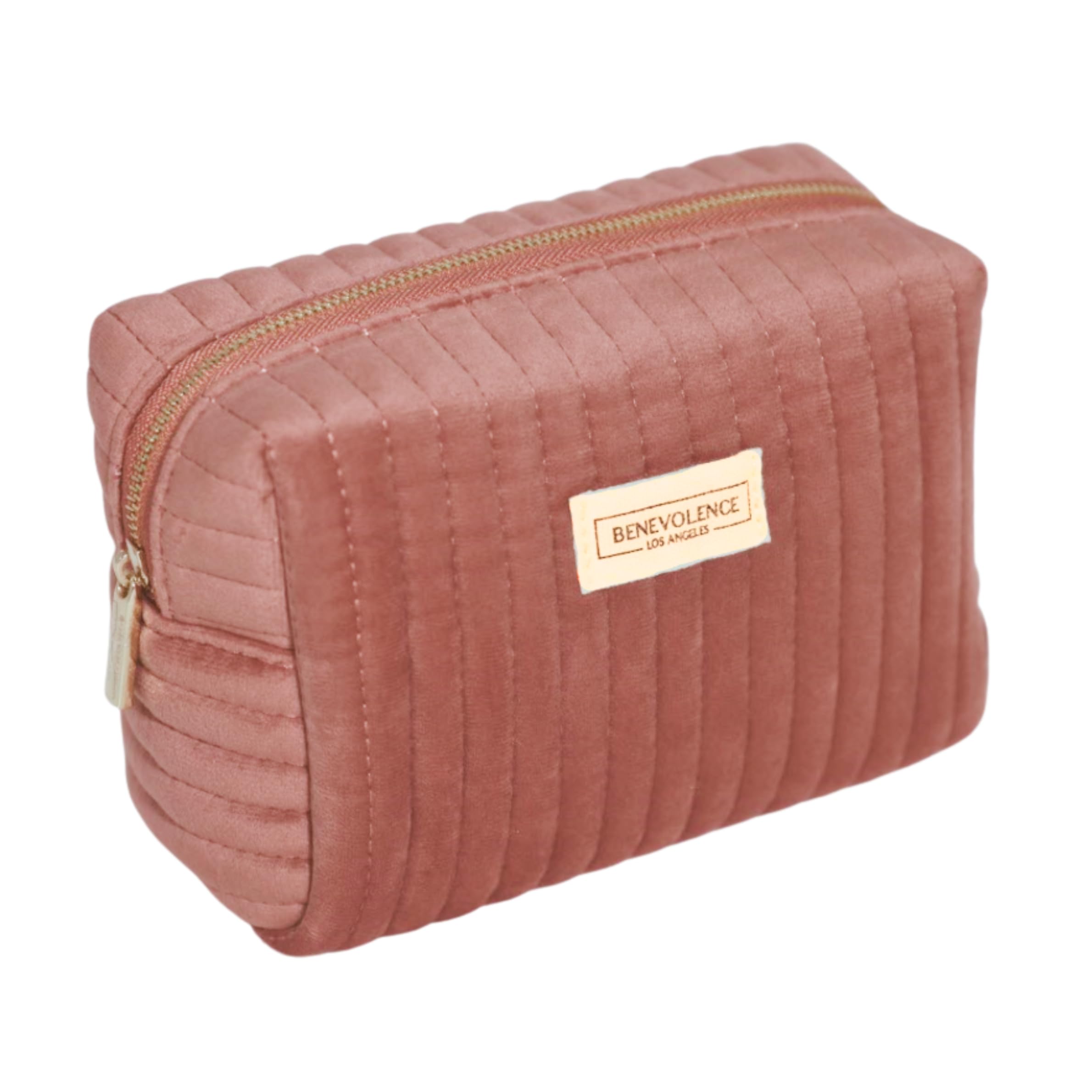 Benevolence LA Plush Velvet Small Makeup Bag for Purse | Cosmetic Pouch, Travel Toiletry Organizer for Women, Quilted Bag for Accessories - Dusty Pink