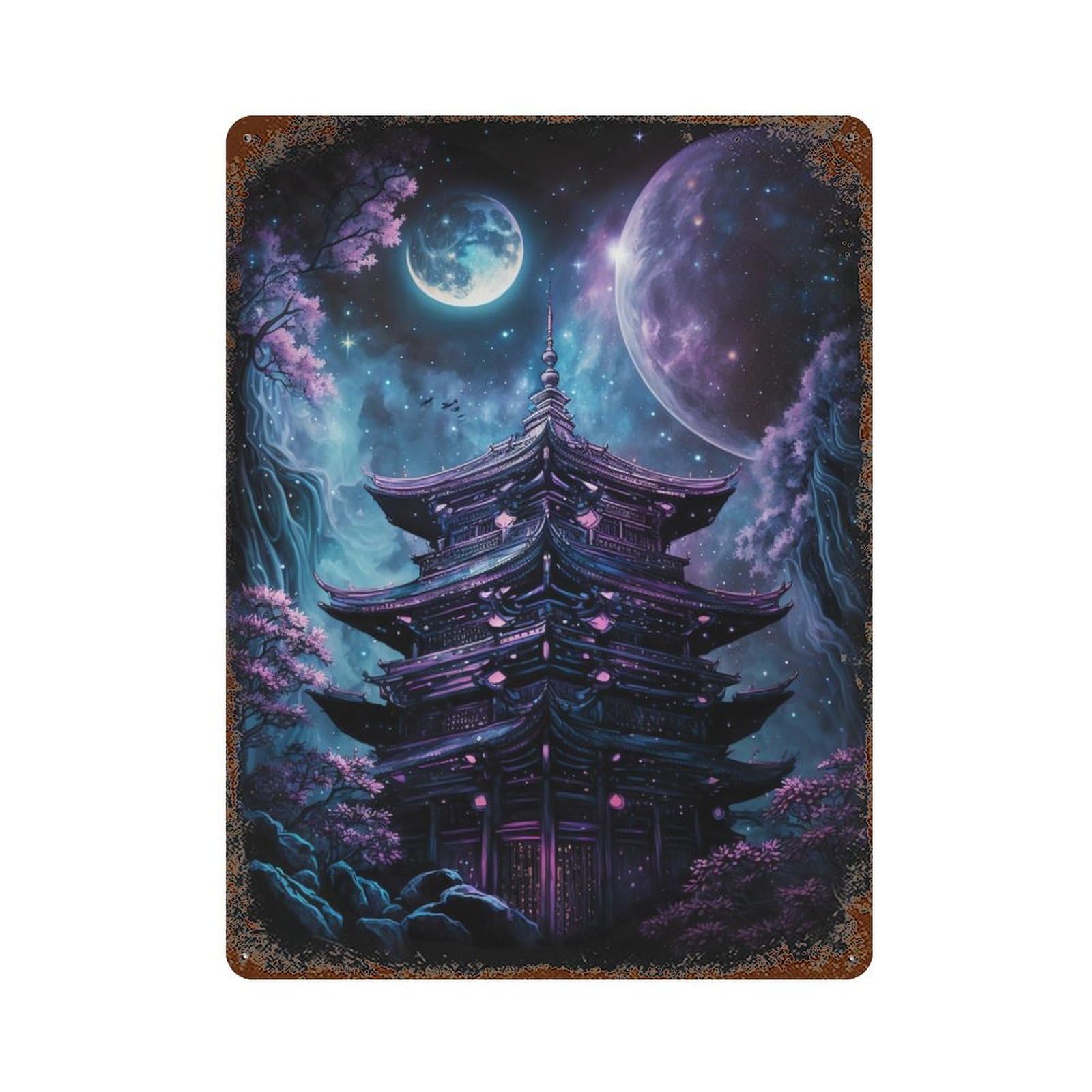 Enchanted Pagoda Night Sky -4 Rusty Metal Tin Sign 15.7"x11.8", for Pub, Kitchen And Man Cave Decor, Novelty Wall Decor