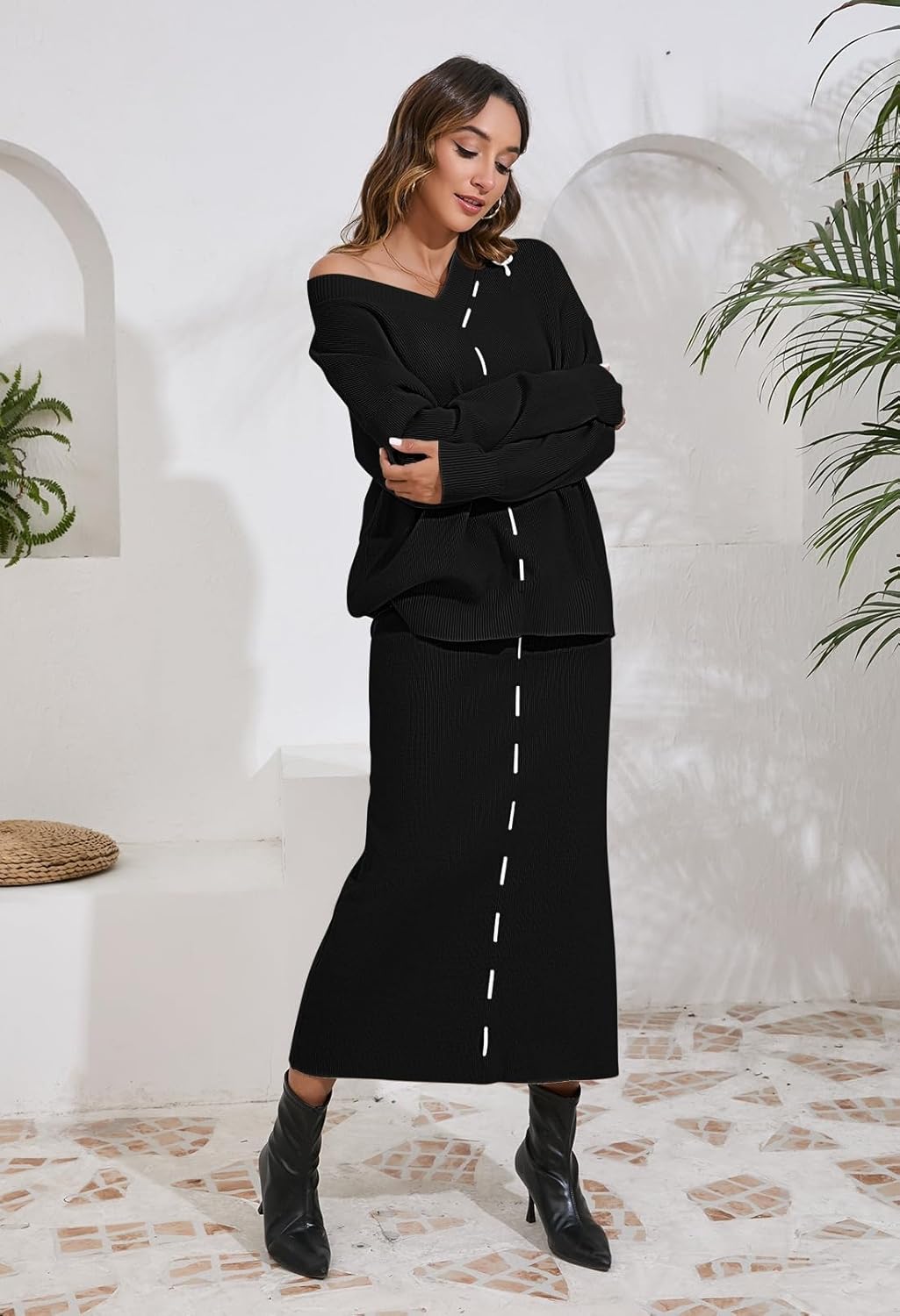 Pink Queen 2025 Women's 2 Piece Sweater Set V Neck Rib Knit Long Sleeve Maxi Bodycon Skirt Casual Outfits - Image 4