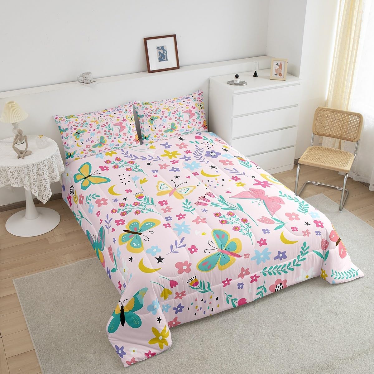 Feelyou Butterfly Bedding Set Twin Size Boys Girls Butterflies Print Comforter Set for Kids Butterfly Floral Beautiful Butterfly Comforter Botanical Blossom Duvet Set Room Decor Quilt Set