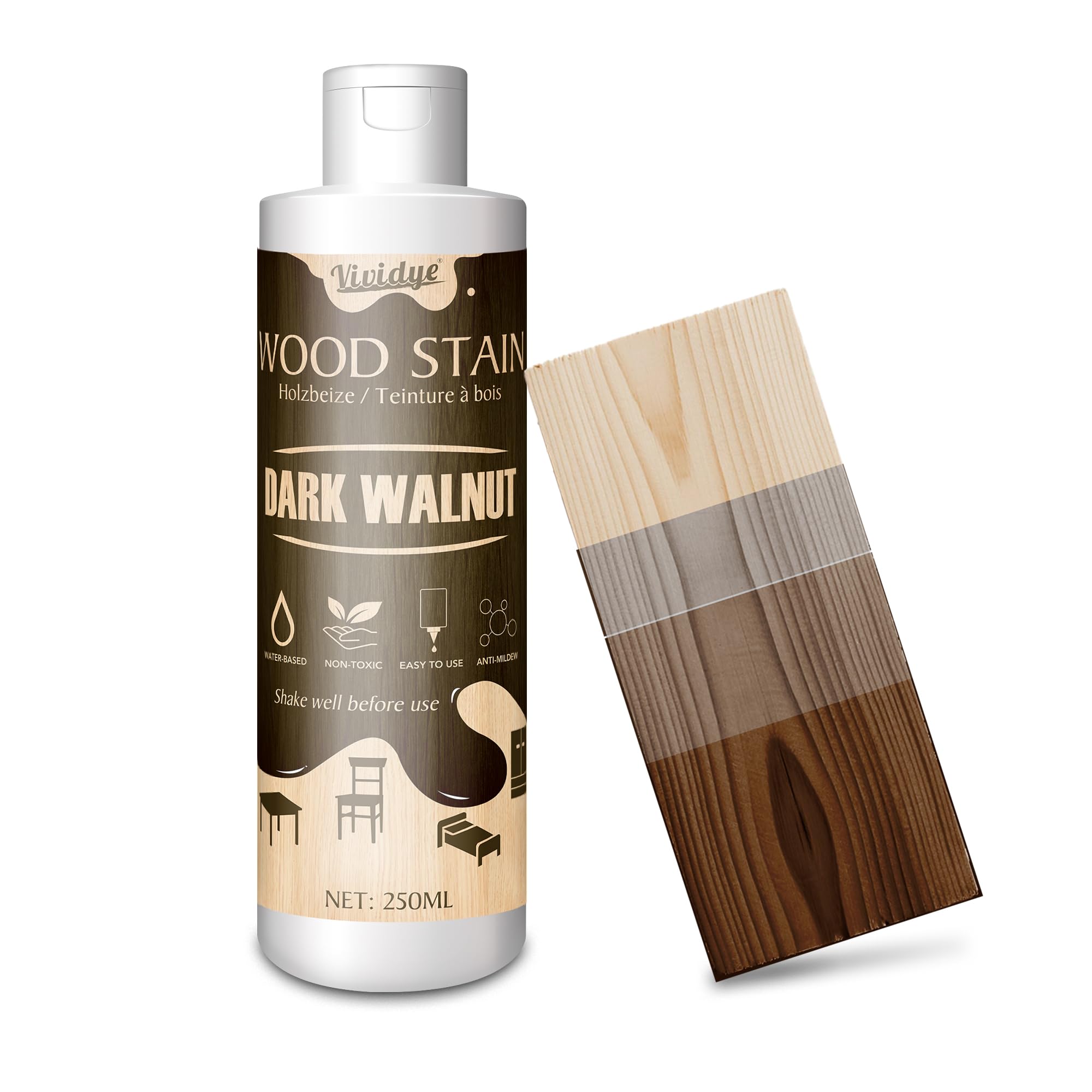 Holzbeize Dunkles Walnuss - 250ml Wasserbasierte Holzlasur für Innen und Außenmöbel – Schnell Trocknend, Geruchsarm ＆ Ungiftig, Einfach Aufzutragen, Holzfarbe für Schränke, Türen und Mehr