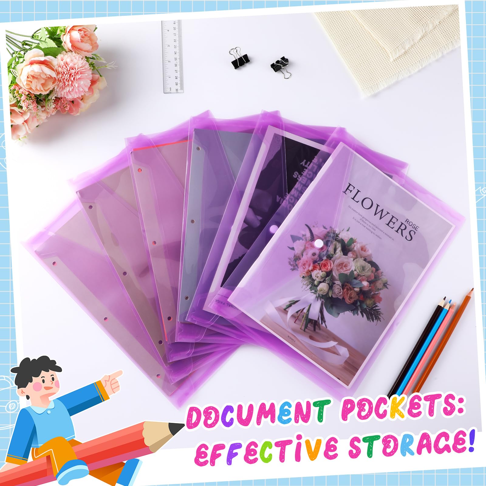 MotiMind 100 buste trasparenti con chiusura a bottone a pressione, formato A4, in plastica trasparente, organizer per documenti, per ufficio e casa (viola)