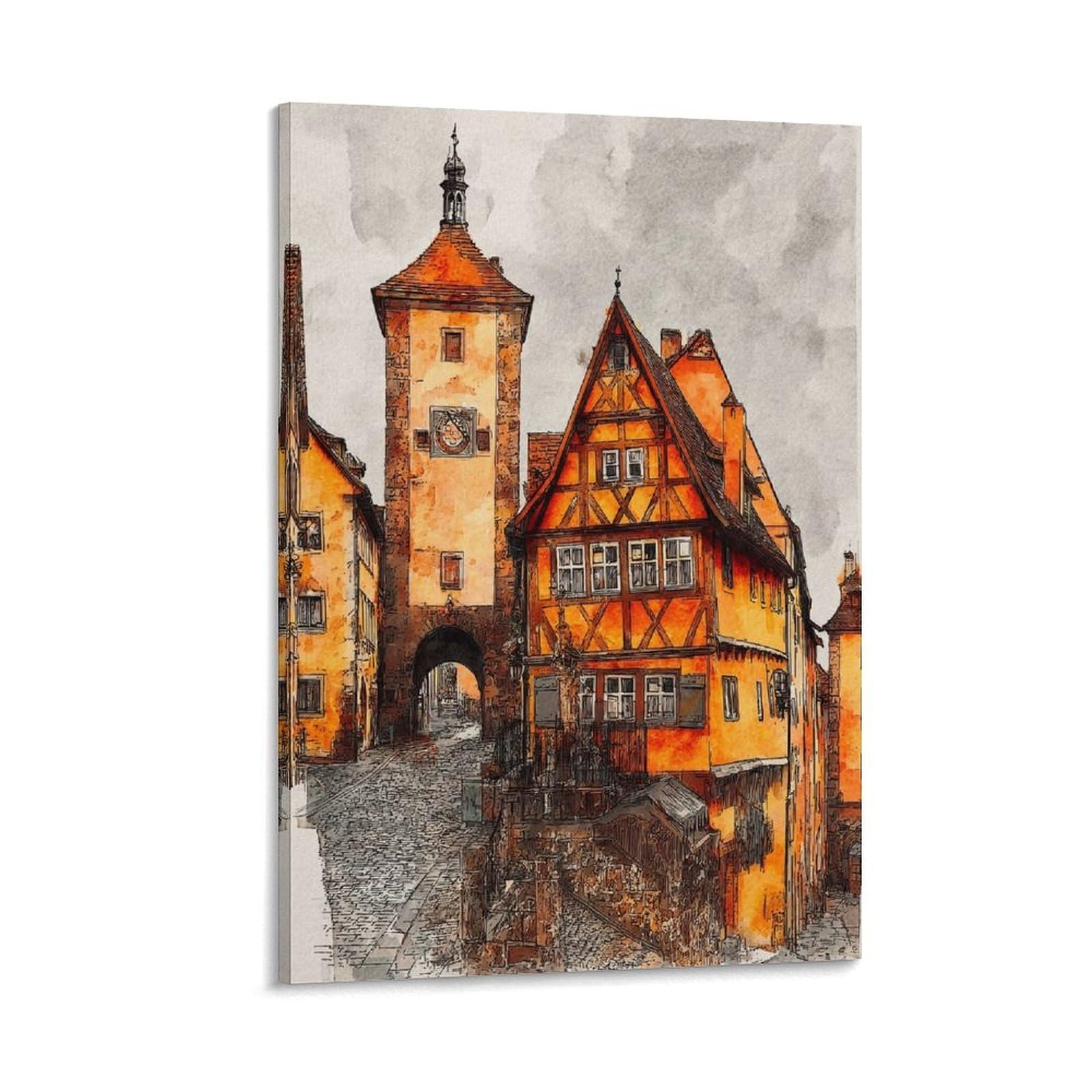 Lcynnh Frame-Style Rottenburg Germany 24X36inch(60X90cm) Vintage Travel Poster Watercolor Canvas Art