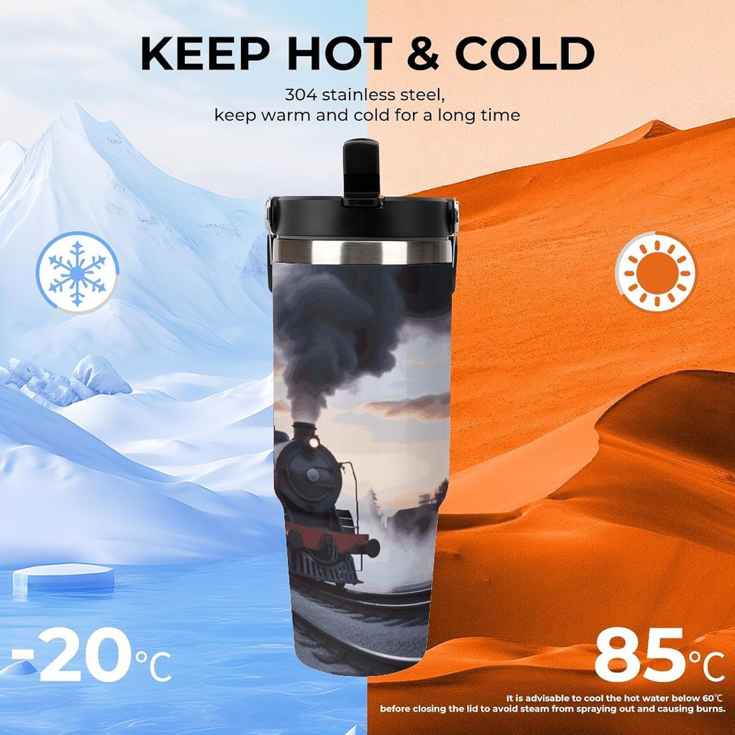 Steam Train Depart Sunset Water Bottle 30 Oz Fits Car Cup Holder,Insulated Coffee Mug Large Capacity Car Cups,Stainless Steel Double Wall Sport Bottle for Travel Sports Gym