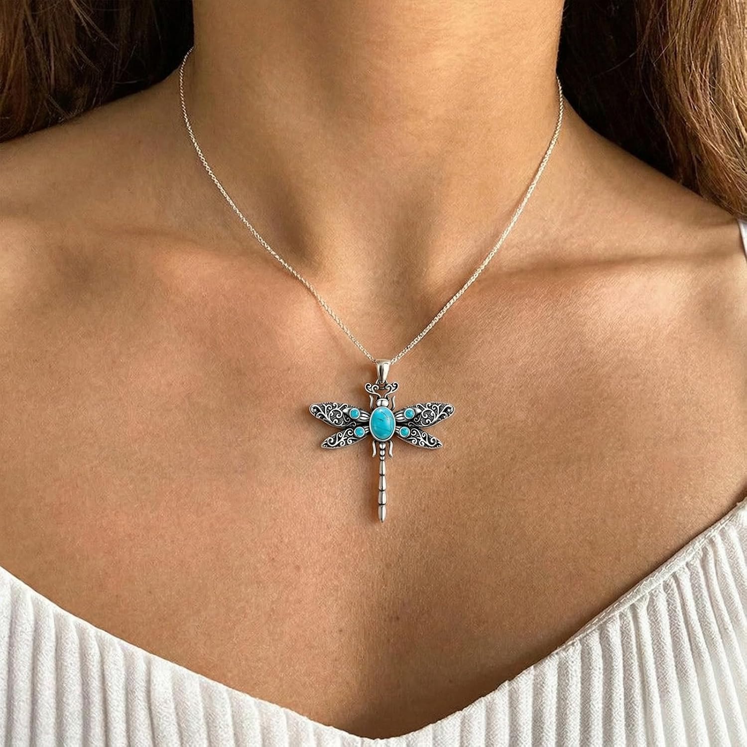 Vintage Dragonfly Necklace for Women, Sterling Silver Amethyst/Turquoise Pendant, Boho Jewelry Gift for Daily/Festival/Party