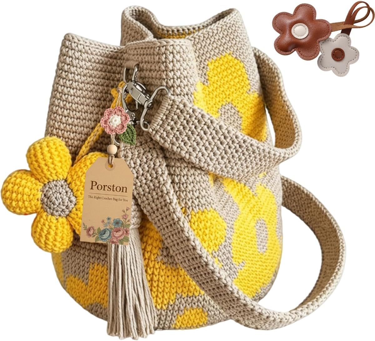 Handmade Crochet Flower Tote, Boho Floral Knit Purse Crossbody Shoulder Bag for Women Beach Vacation Travel